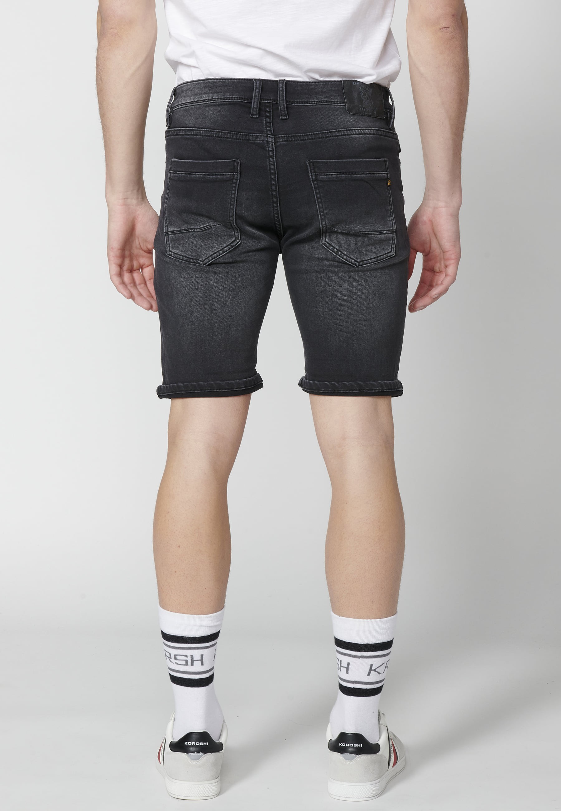 Black regular fit stretch denim bermuda shorts for Men