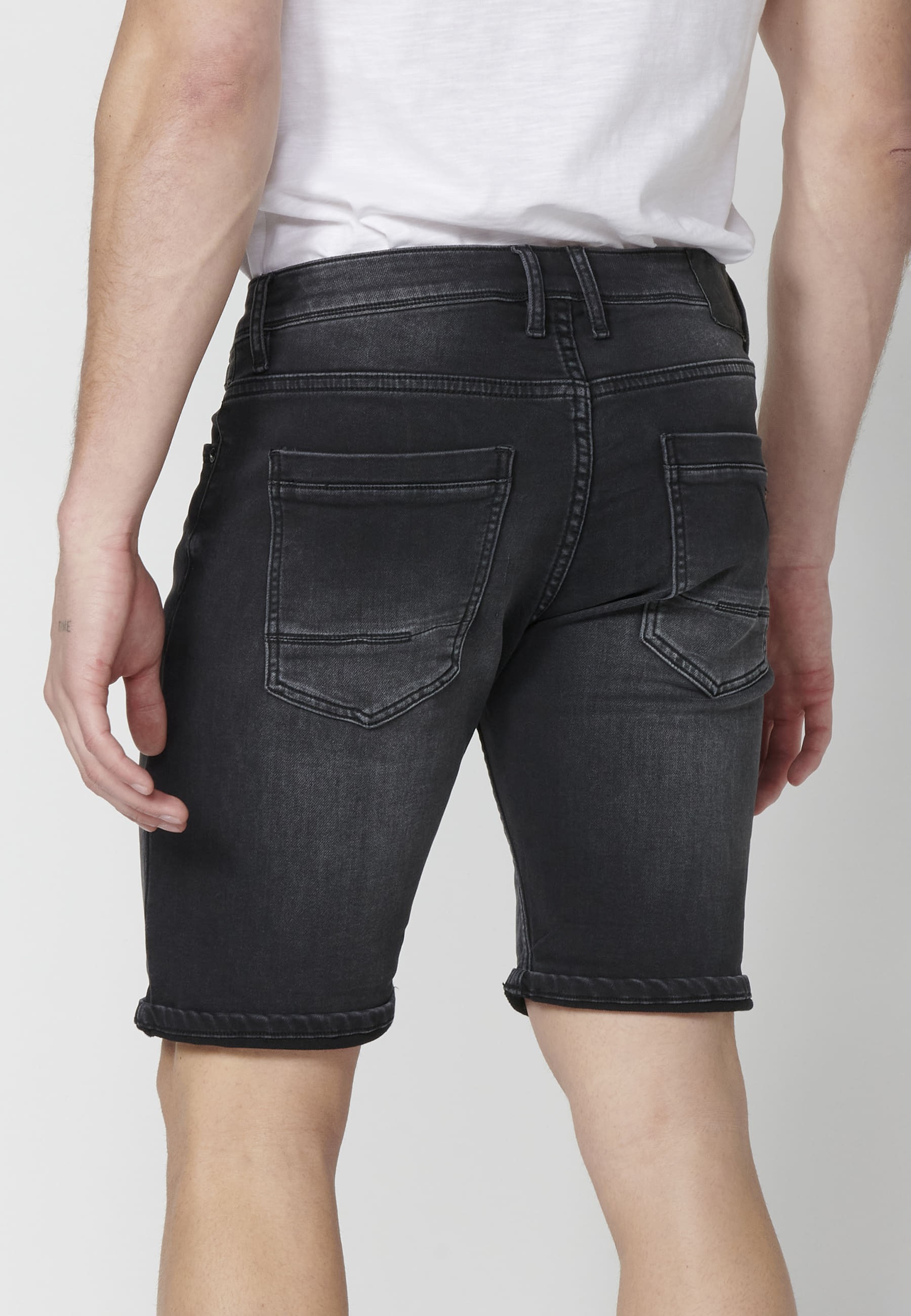 Black regular fit stretch denim bermuda shorts for Men