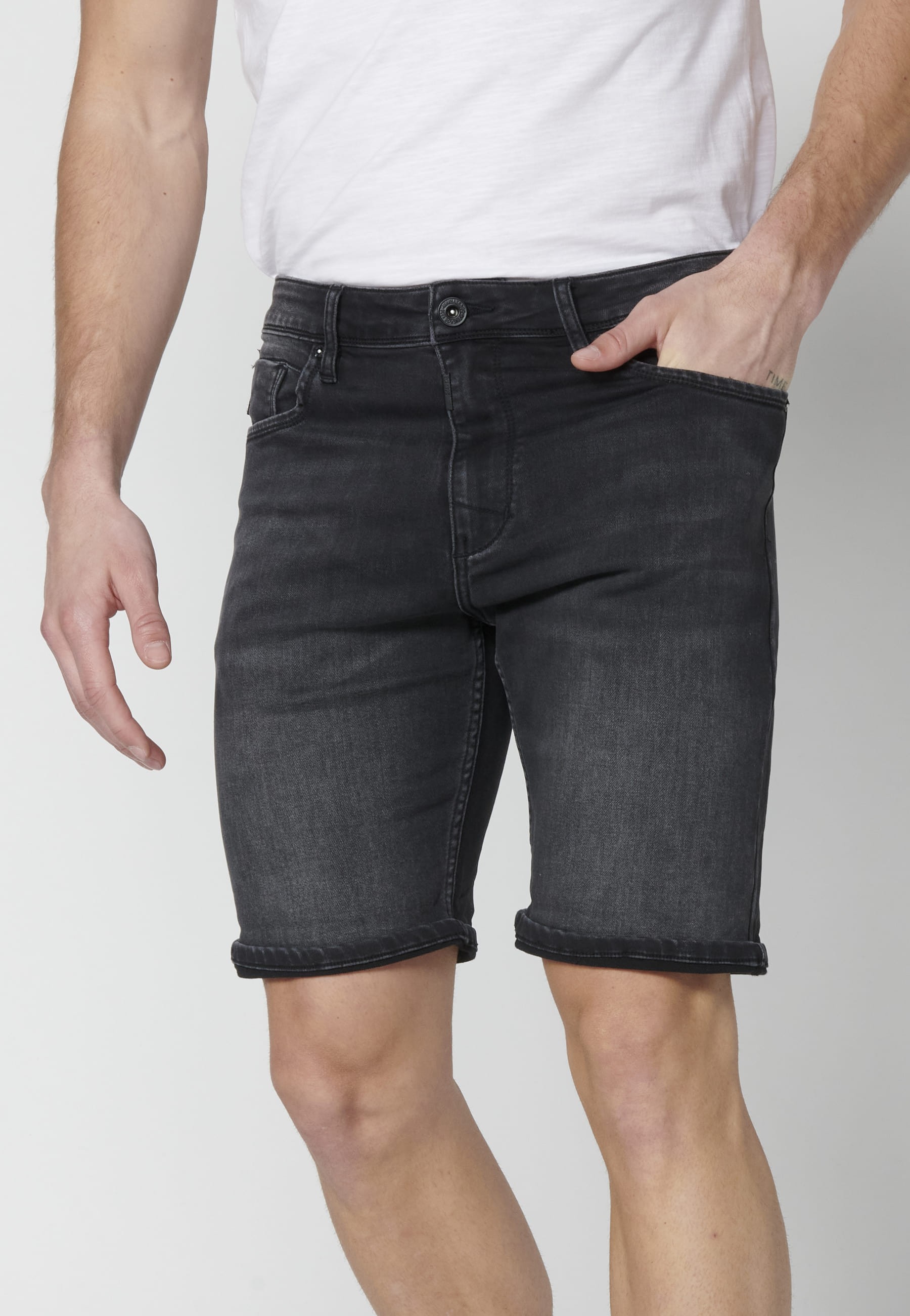 Black regular fit stretch denim bermuda shorts for Men