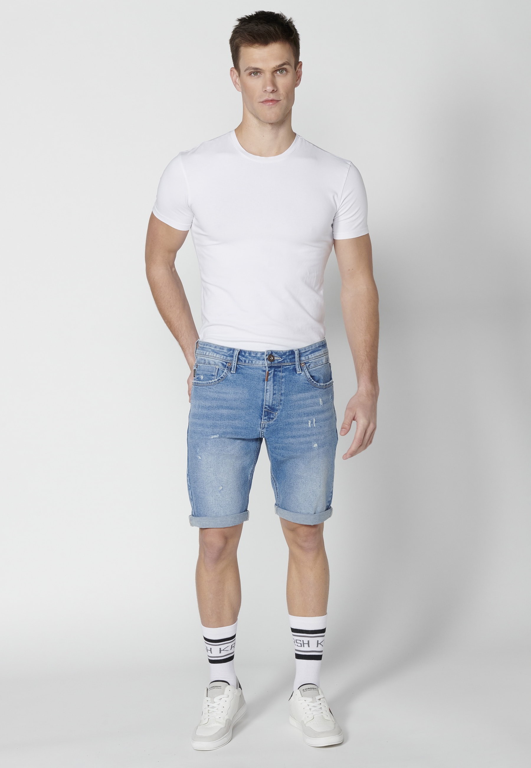 Blue Denim Bermuda Stretch Regular Fit shorts with four pockets for Men