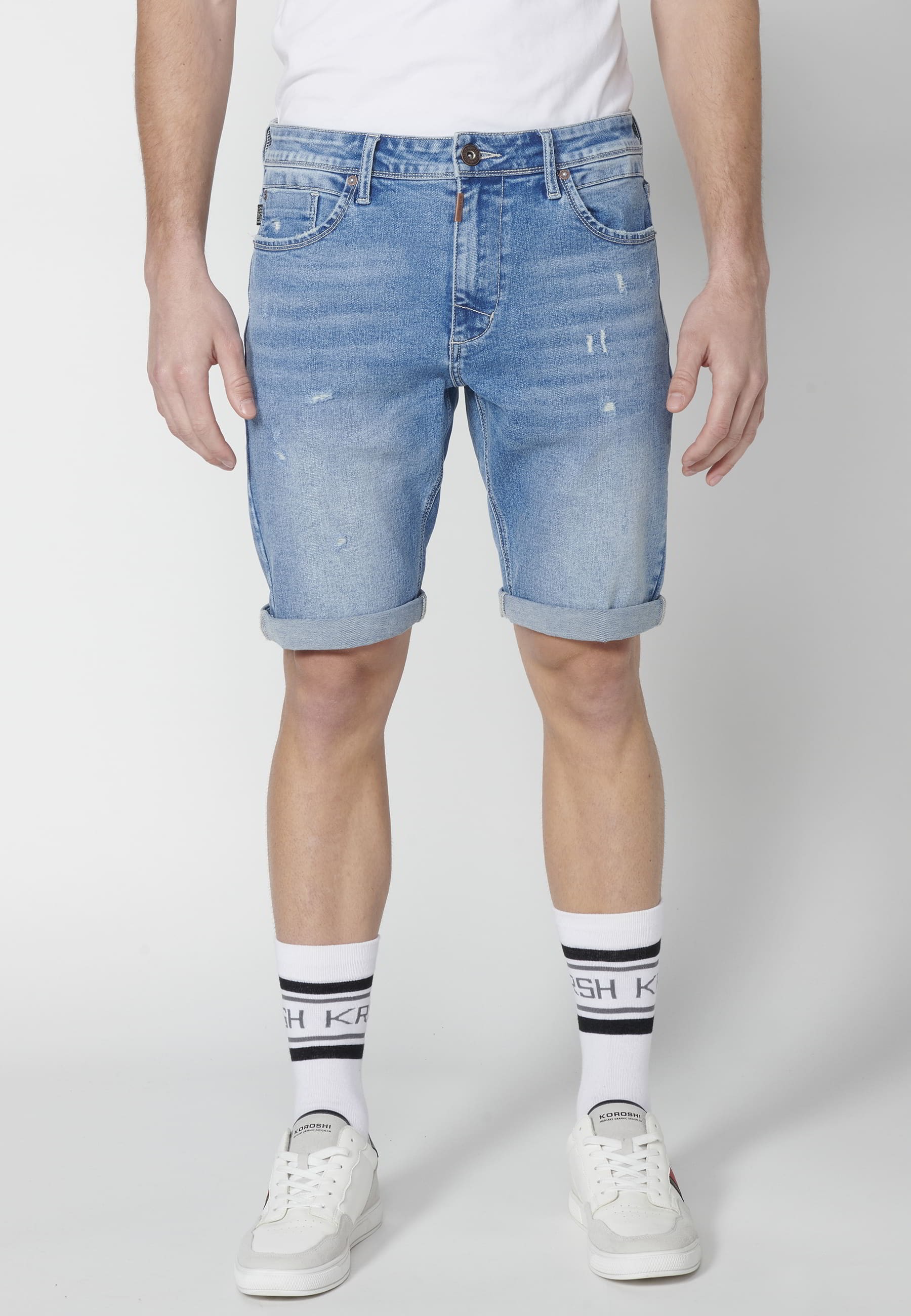 Blue Denim Bermuda Stretch Regular Fit shorts with four pockets for Men