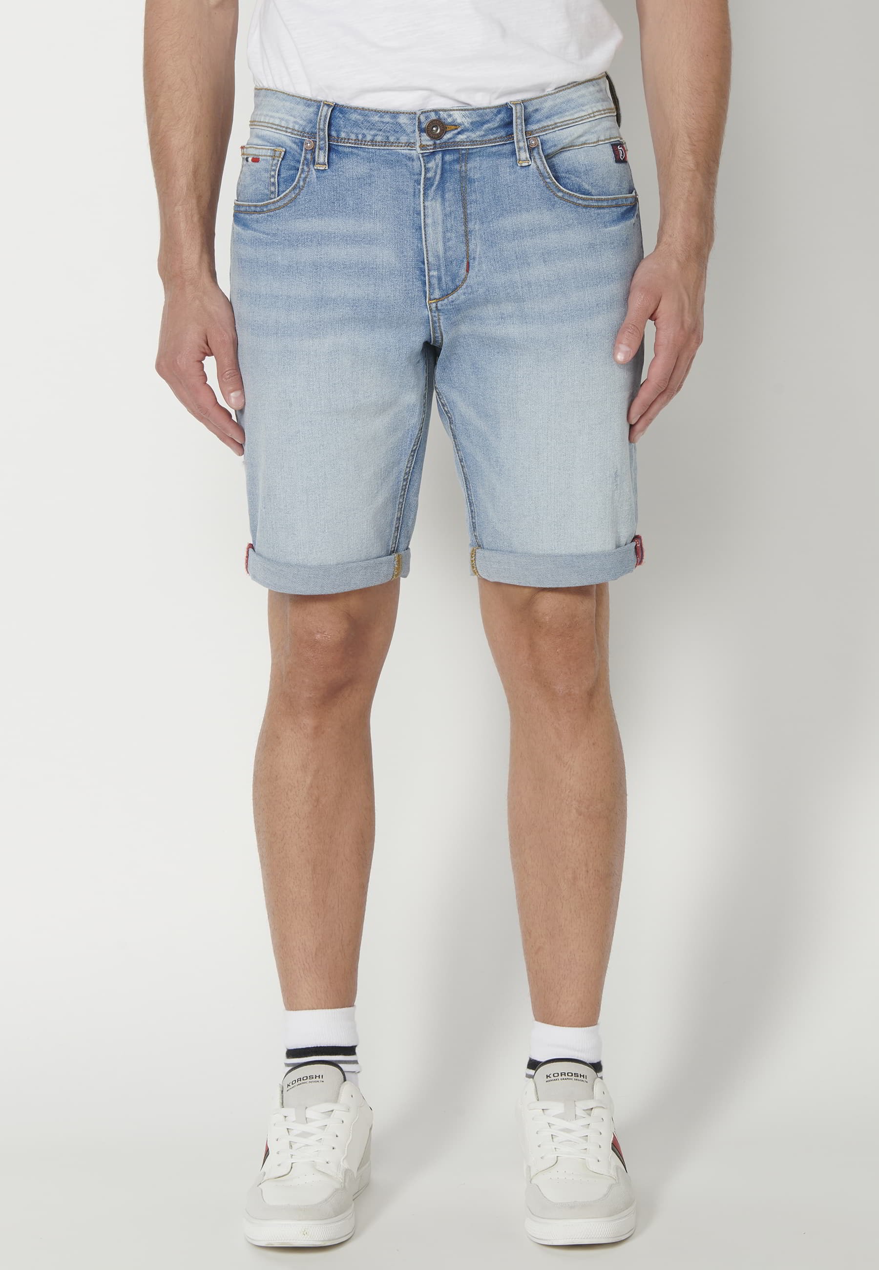 Blue Denim Stretch Regular Fit Bermuda shorts for Men