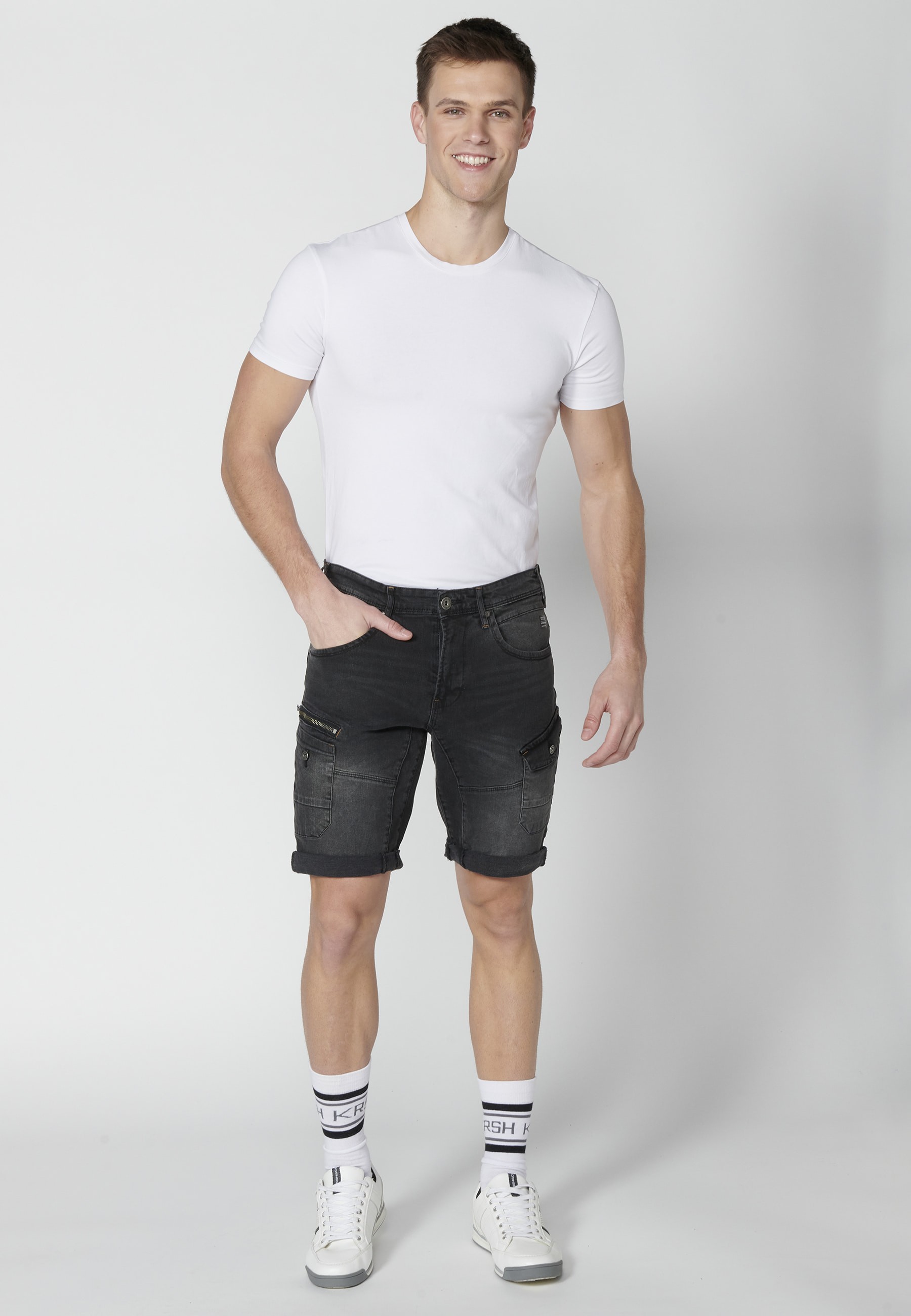 Shorts Bermuda Denim Stretch Regular Fit with four pockets Black color for Men