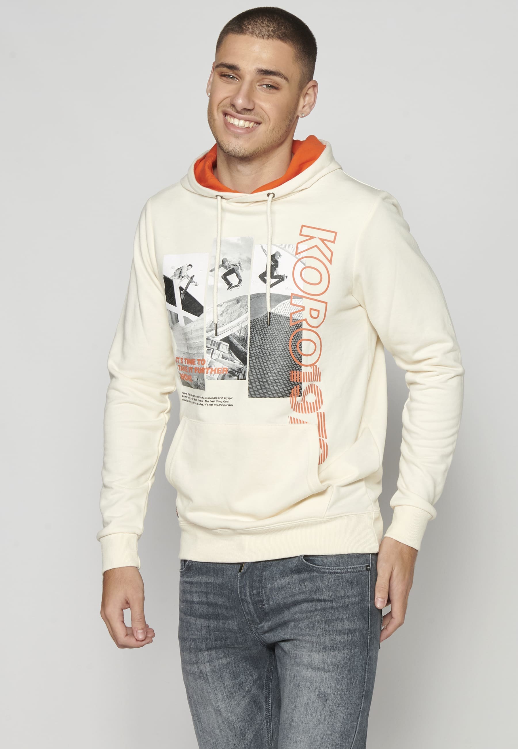 Sudadera de manga larga con capucha color crema para hombre | Ropa Casual