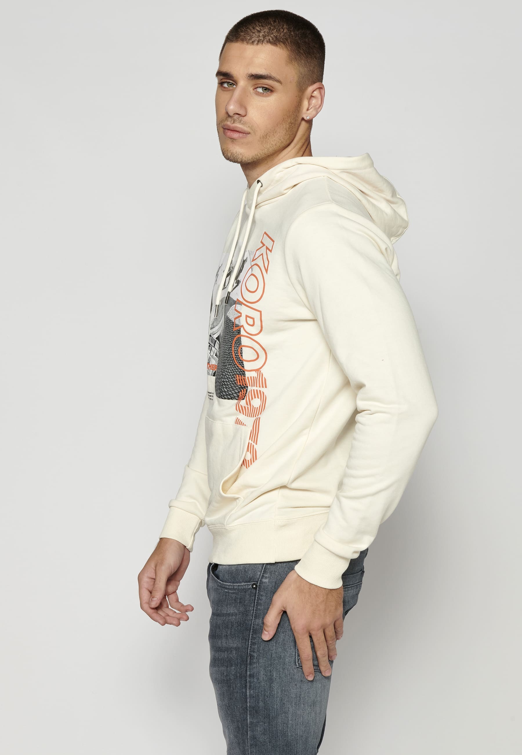 Sweat À Capuche Homme Crème À Manches Longues