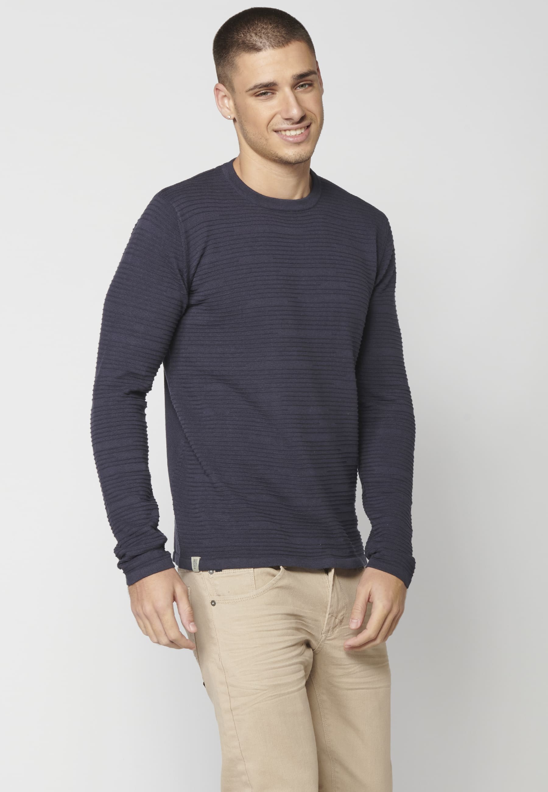 Navy textured knit sweater for Men