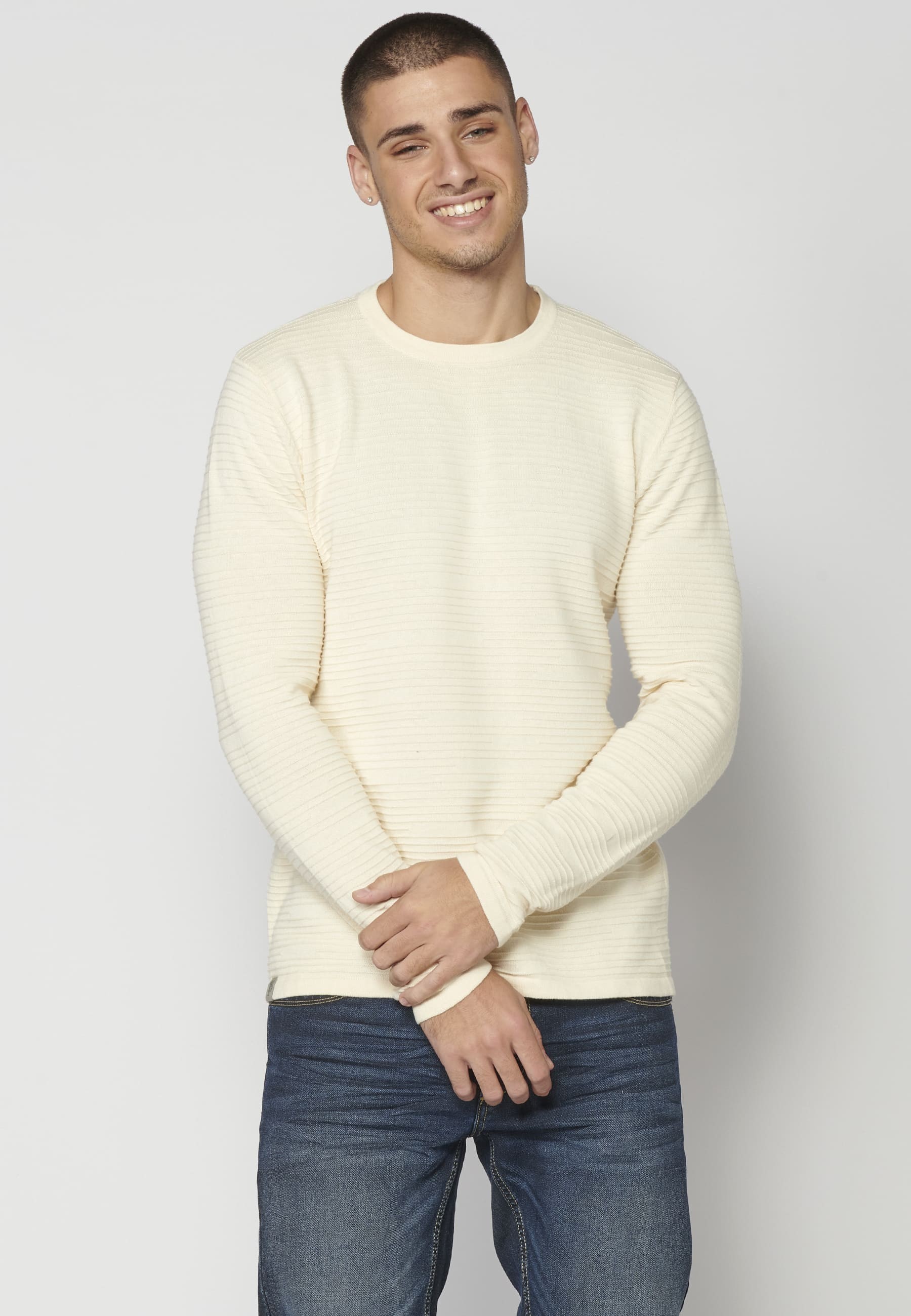 Cream Textured Knit Sweater for Men