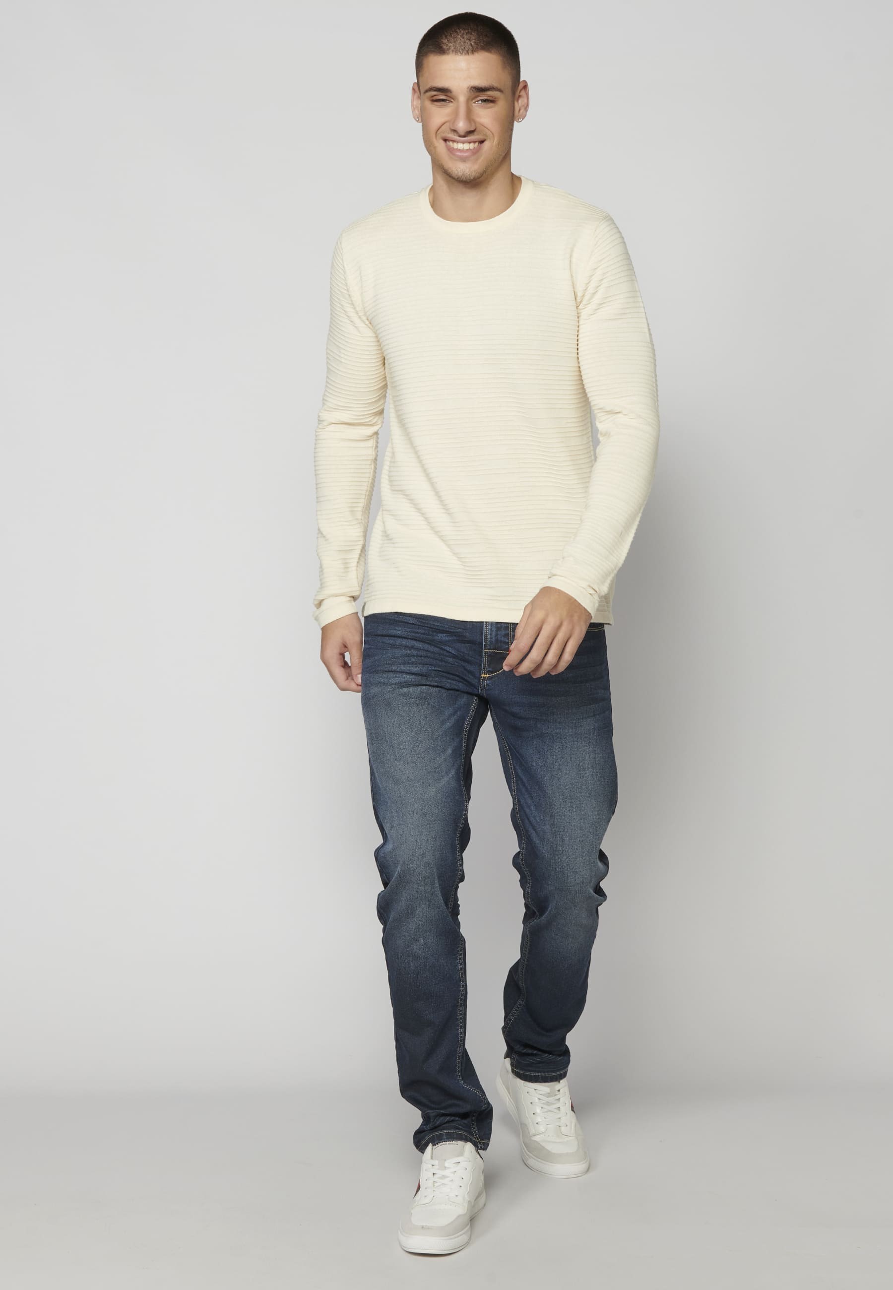 Cream Textured Knit Sweater for Men