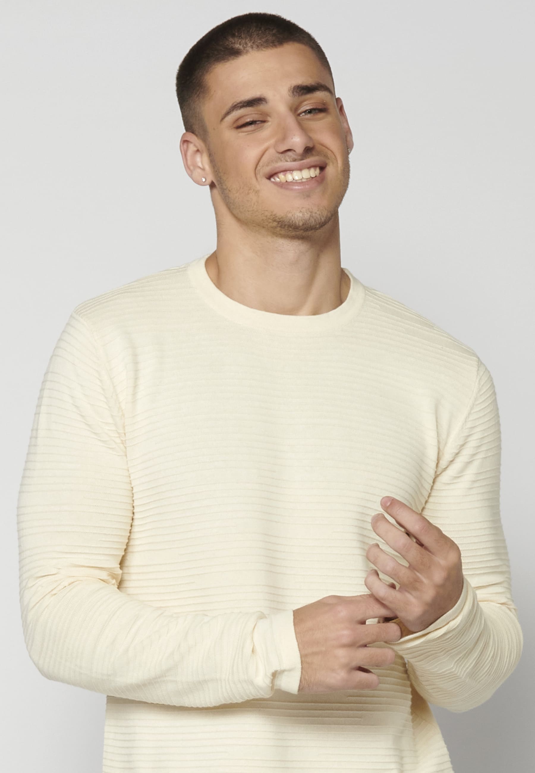 Cream Textured Knit Sweater for Men