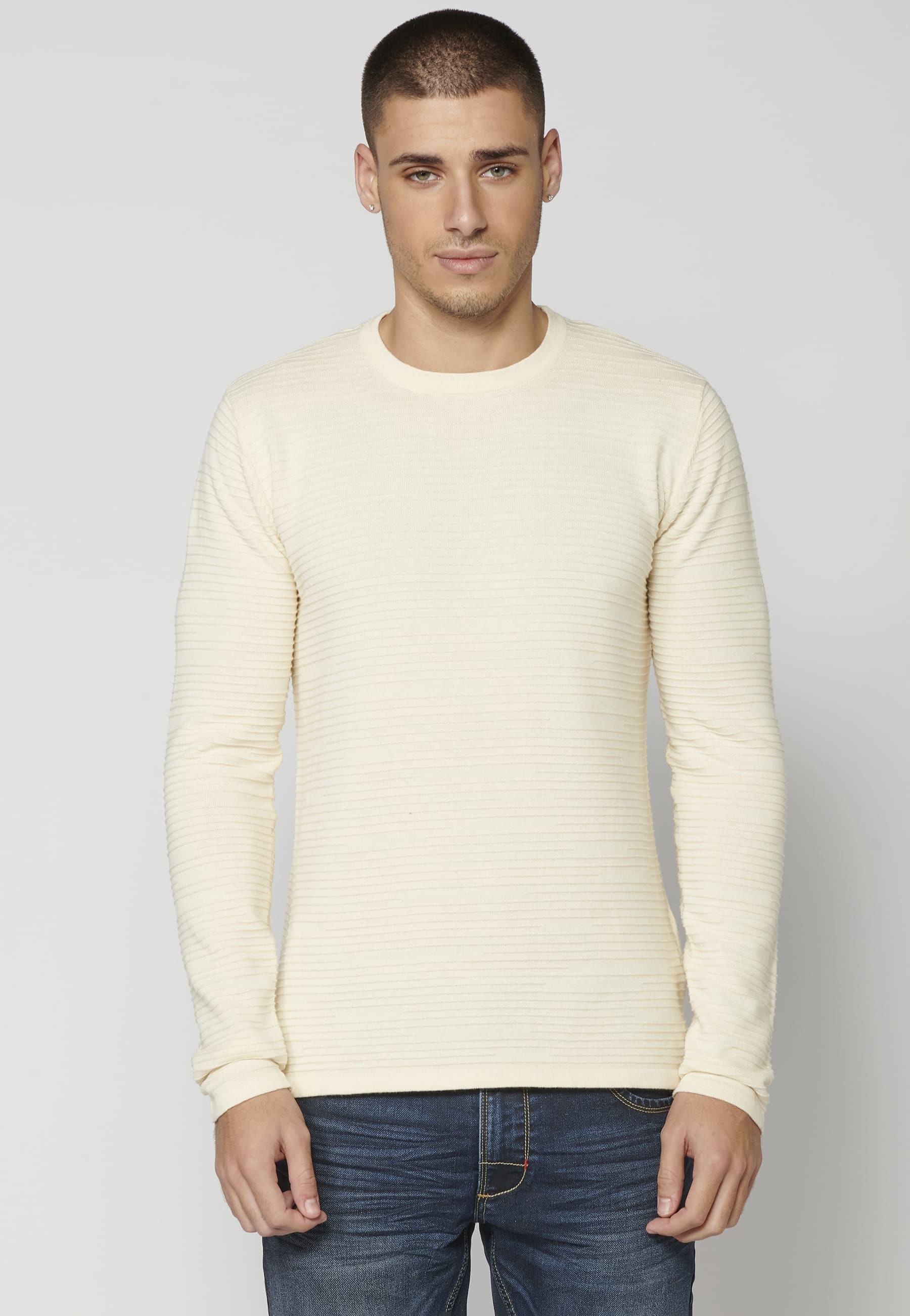 Cream Textured Knit Sweater for Men