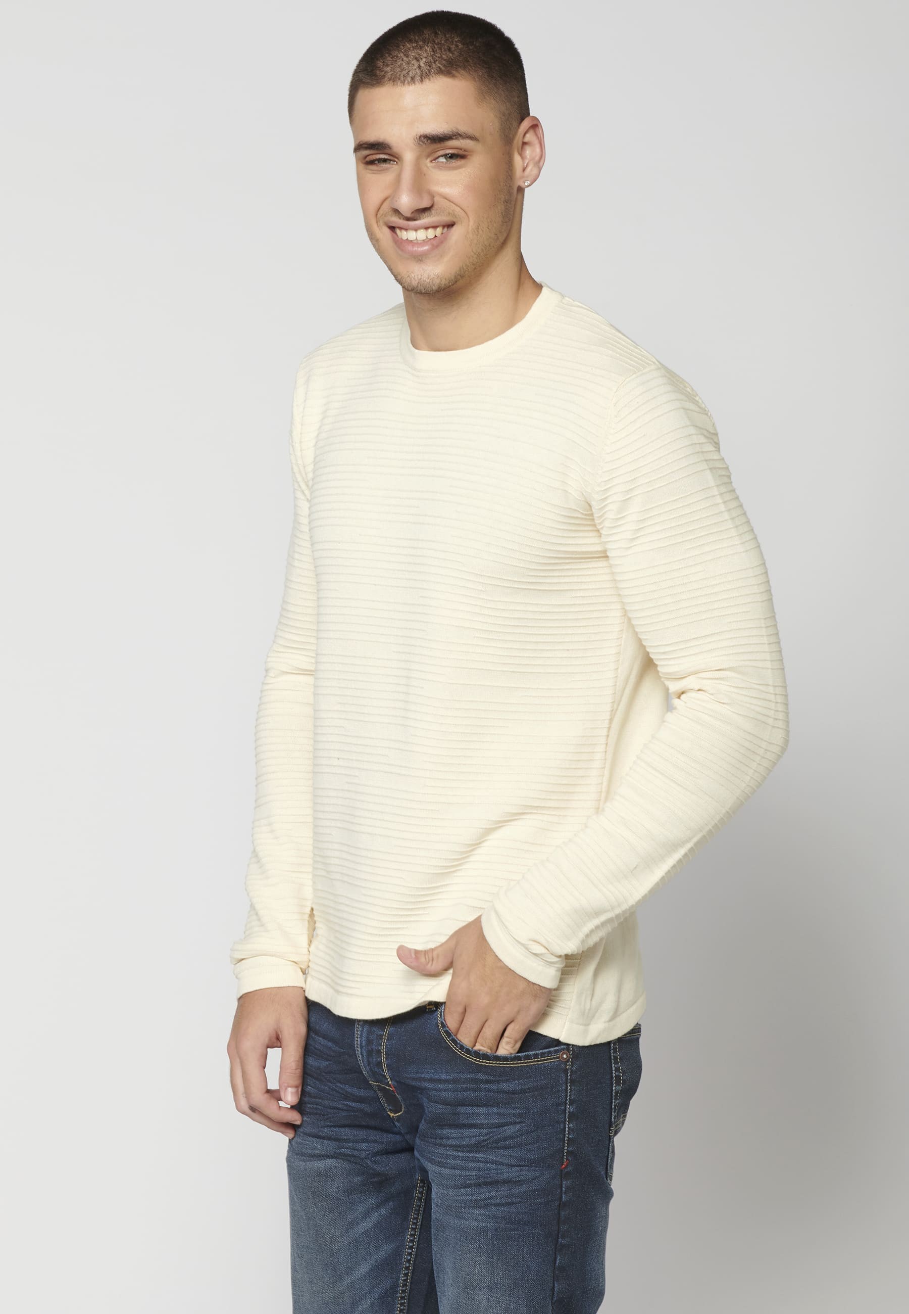 Cream Textured Knit Sweater for Men