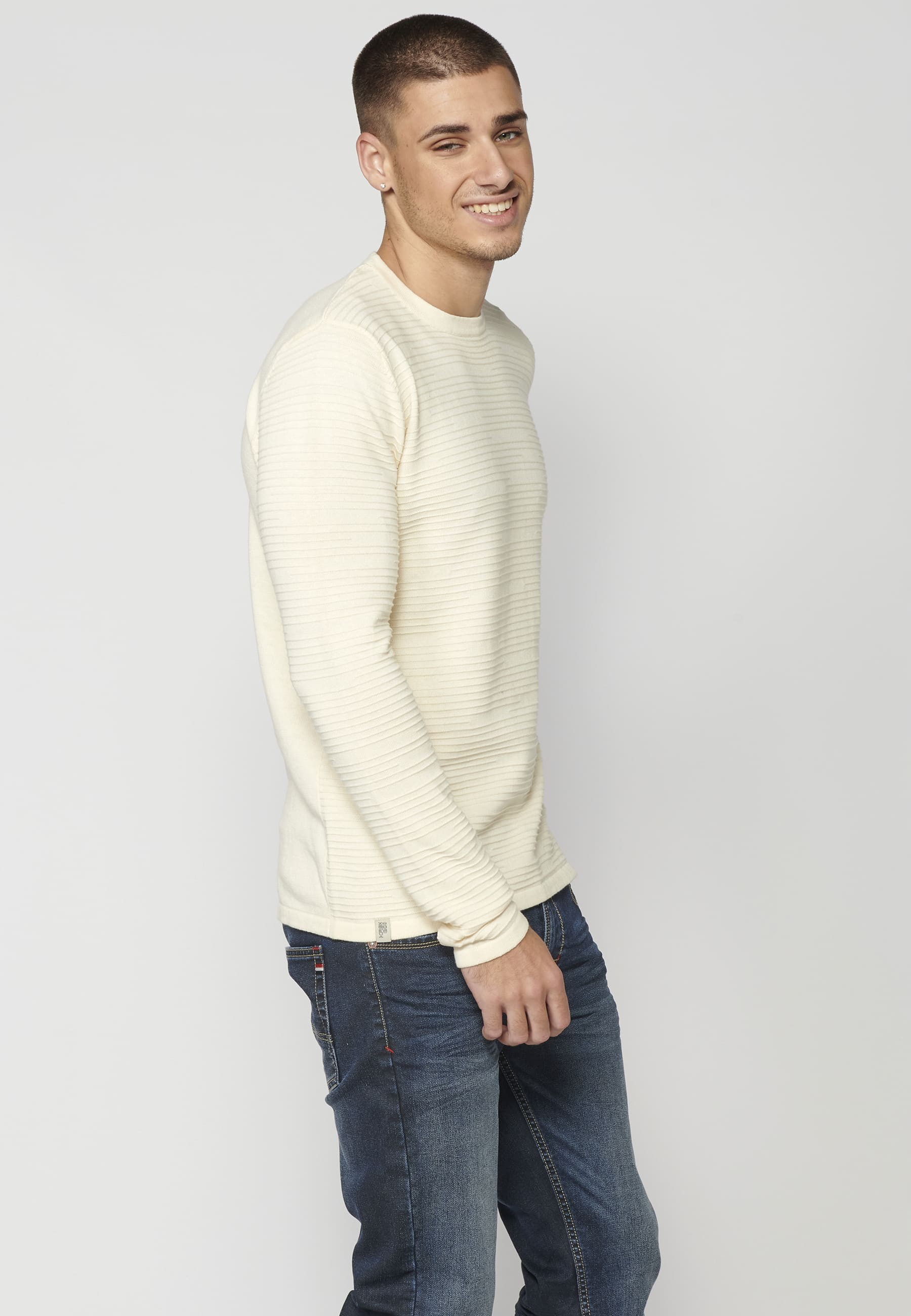 Cream Textured Knit Sweater for Men