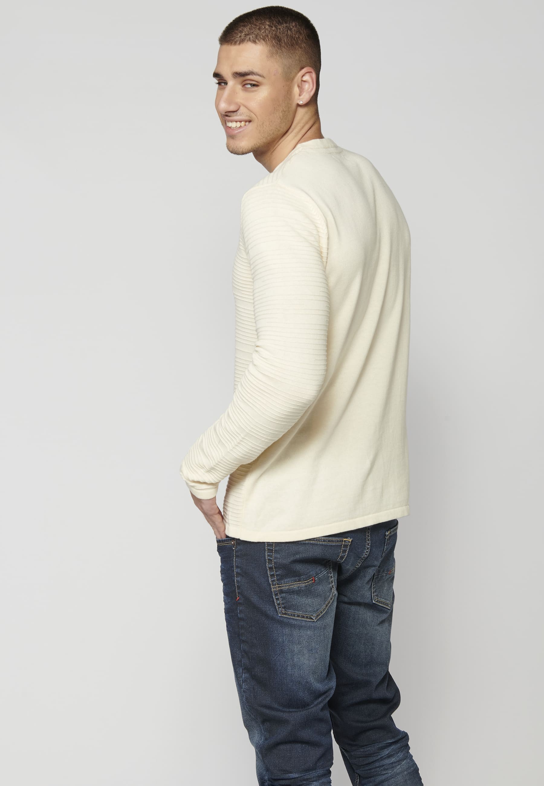 Cream Textured Knit Sweater for Men