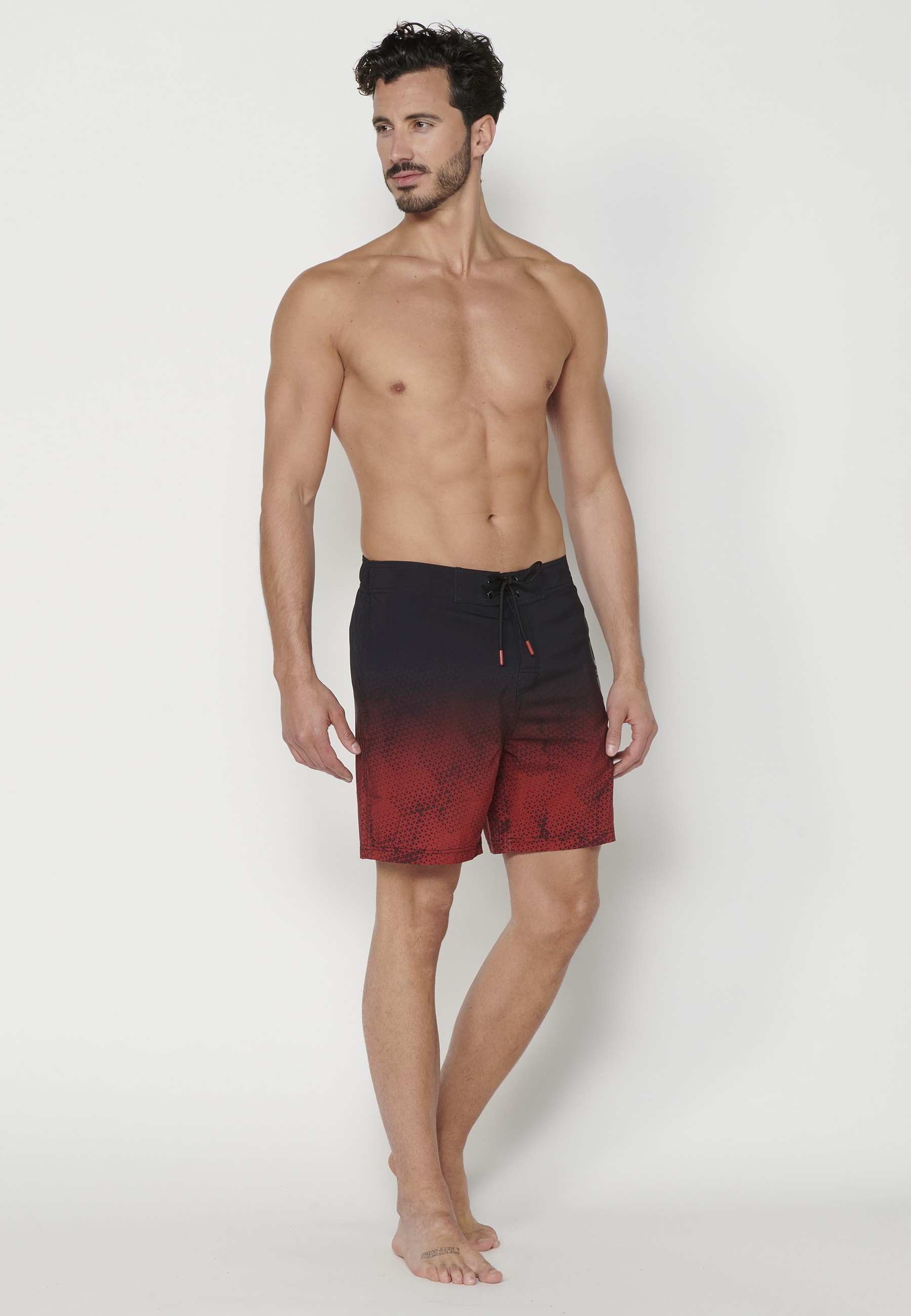 Short Surfer style swimsuit with three Red Pockets for Men