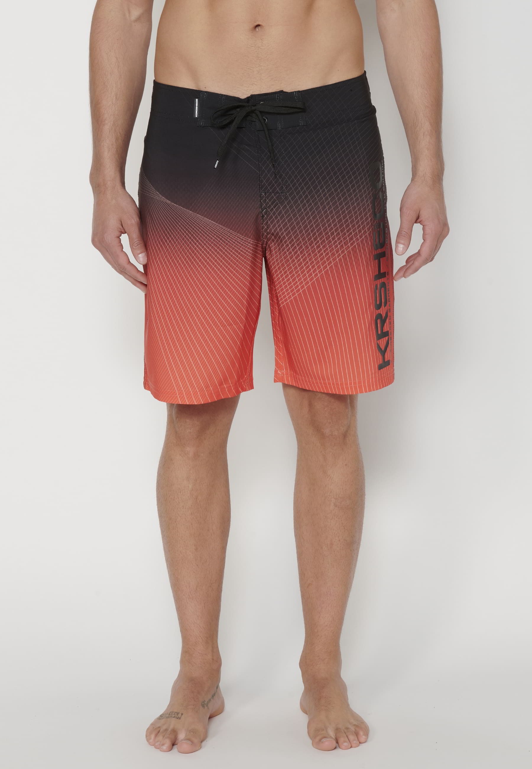 Kurzer Badeanzug im Surfer-Stil mit drei orangefarbenen Taschen für Herren 2
