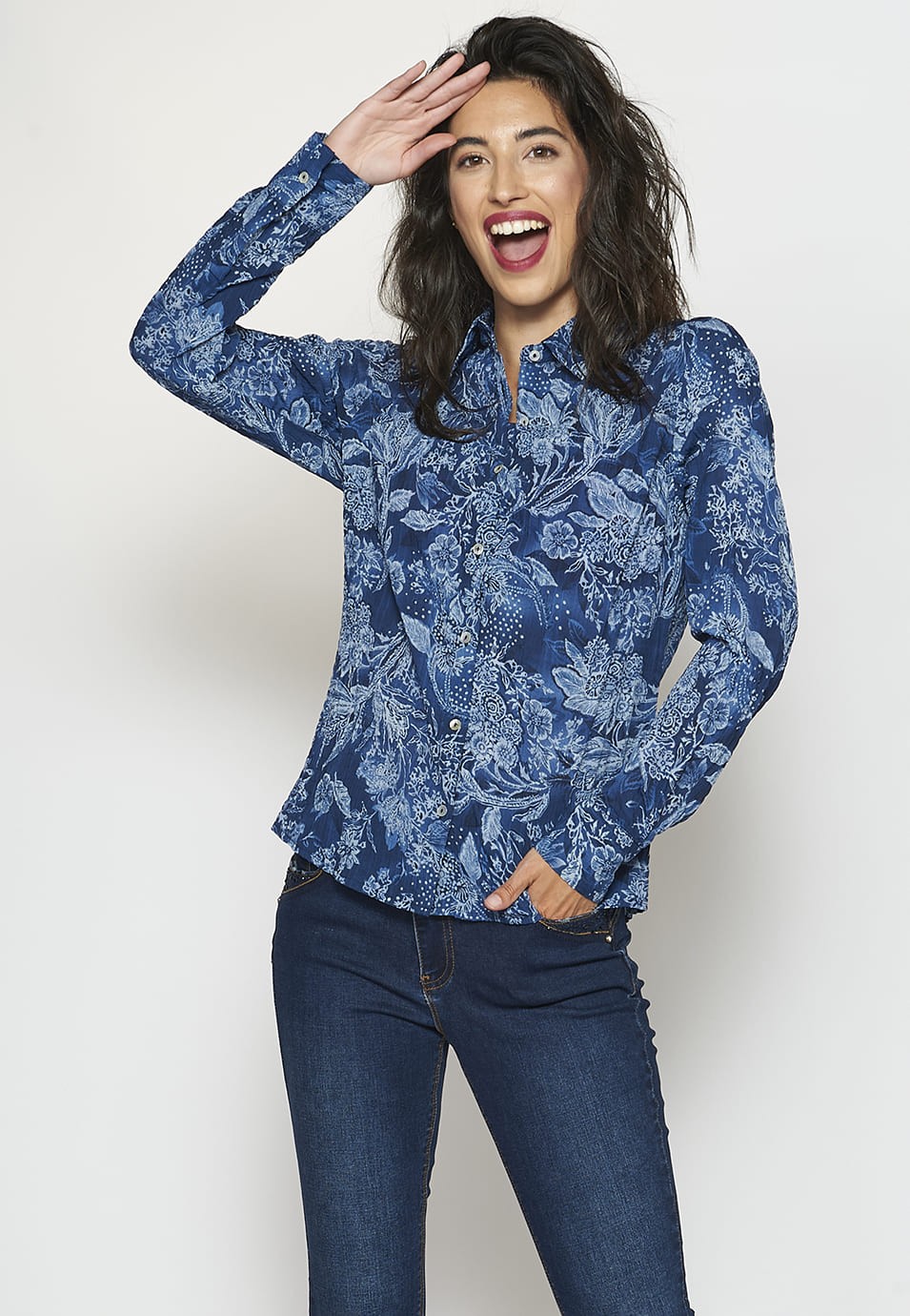 Pase para saber Marca comercial carpintero Camisa Blusa Manga larga azul con estampado floral para Mujer