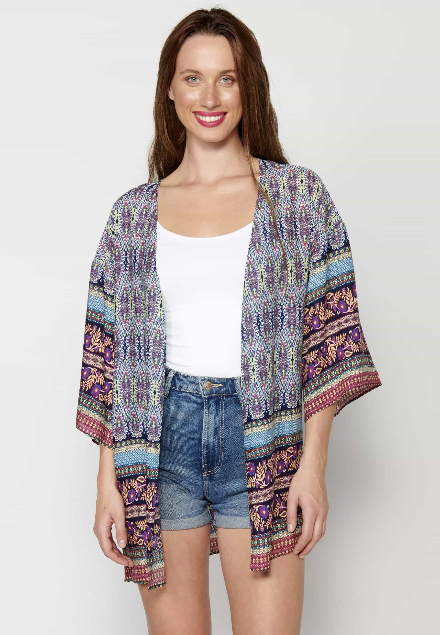 Multicolor fluid long-sleeved jacket with floral details for Woman