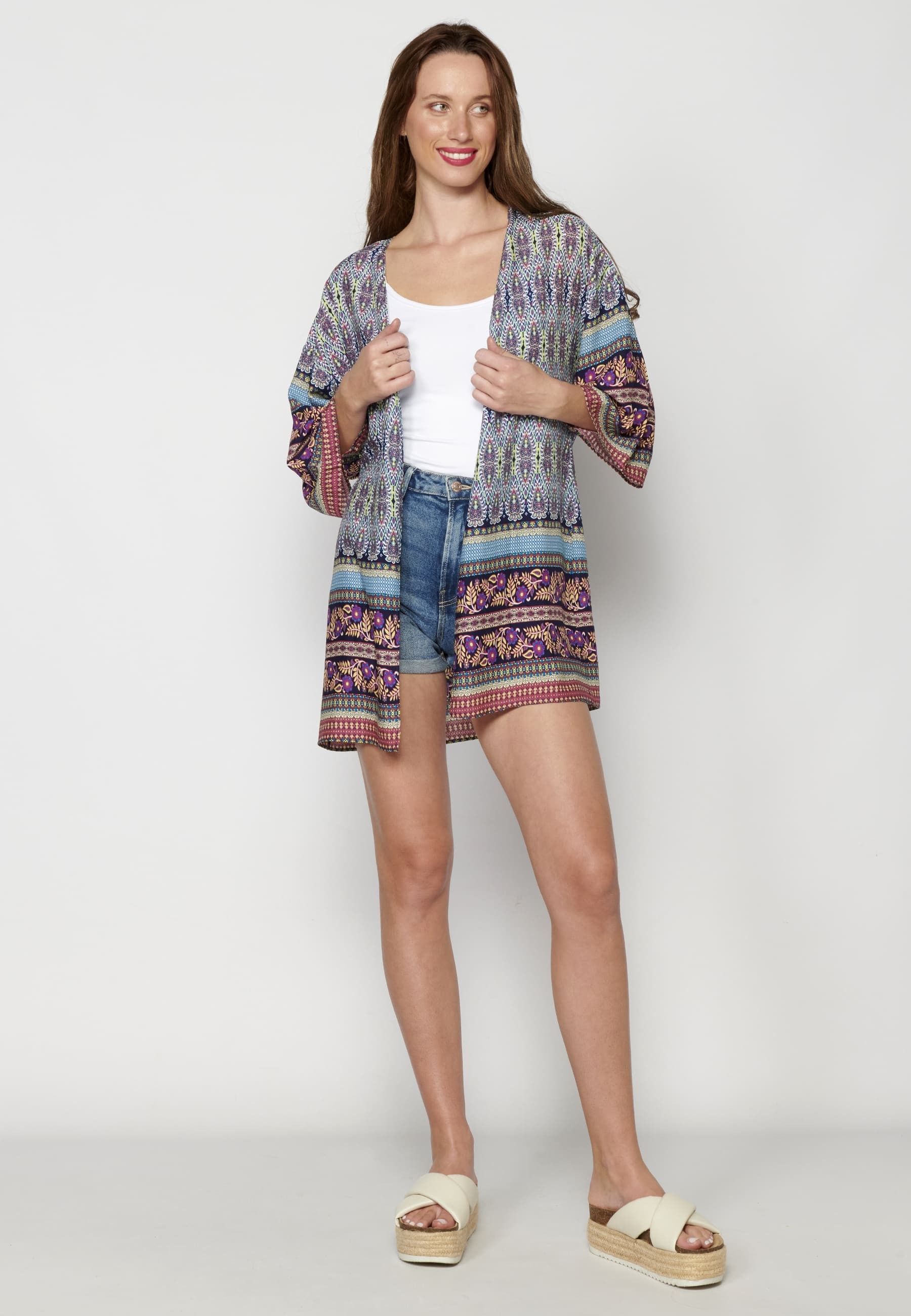 Multicolor fluid long-sleeved jacket with floral details for Woman
