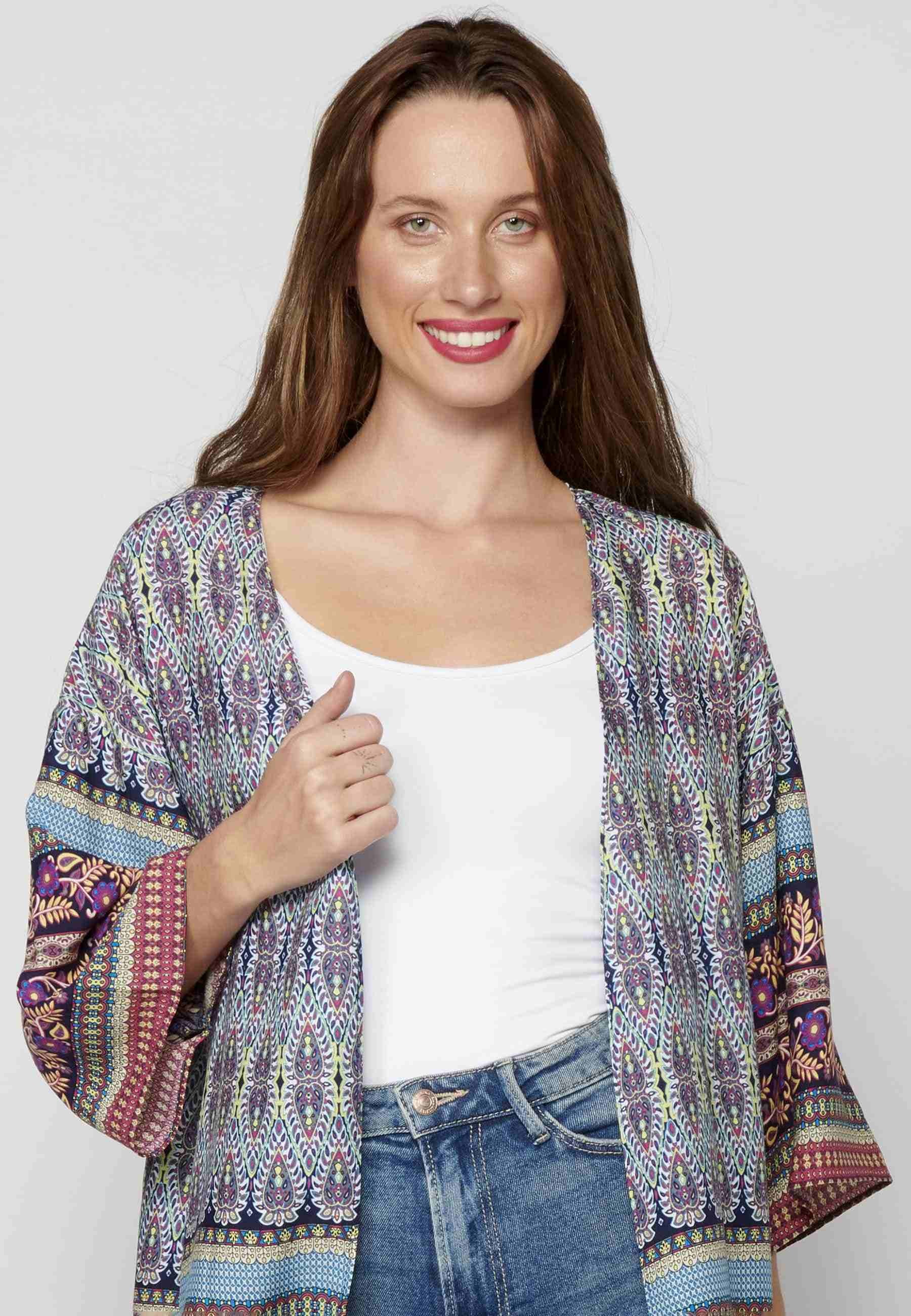 Multicolor fluid long-sleeved jacket with floral details for Woman