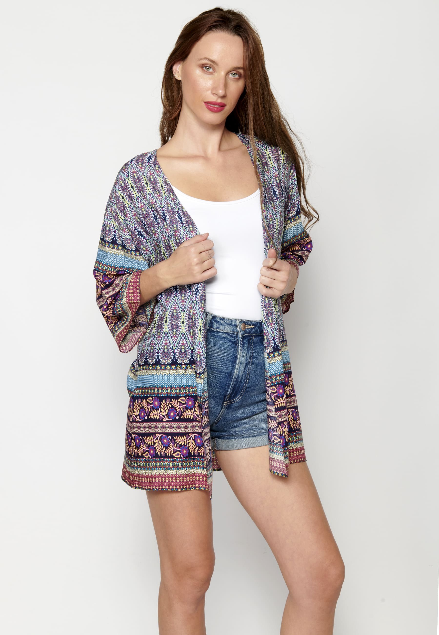 Multicolor fluid long-sleeved jacket with floral details for Woman