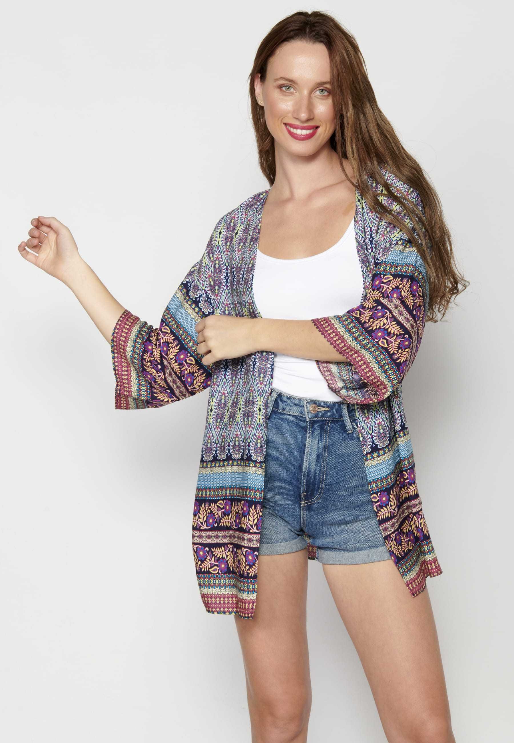Multicolor fluid long-sleeved jacket with floral details for Woman