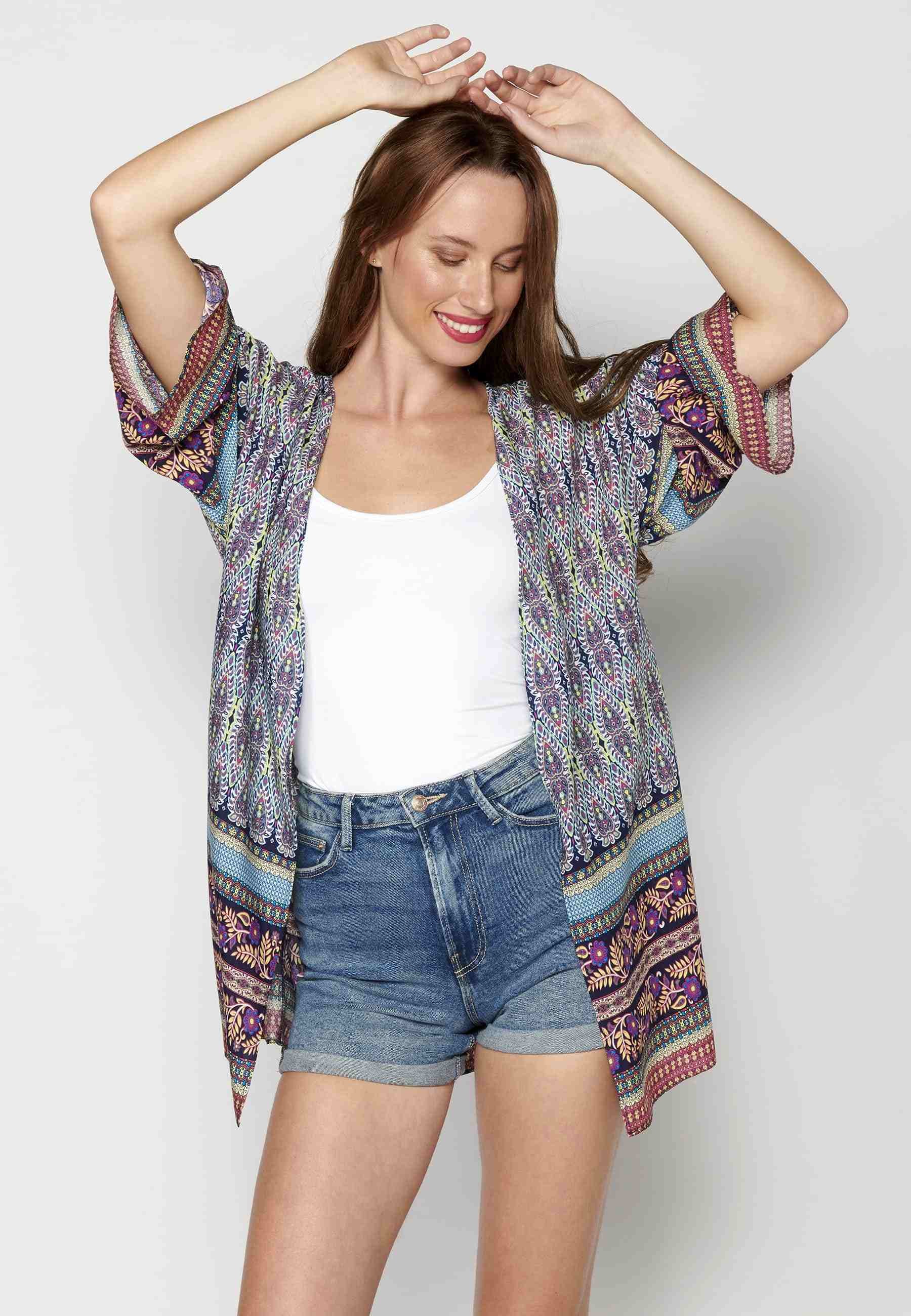 Multicolor fluid long-sleeved jacket with floral details for Woman