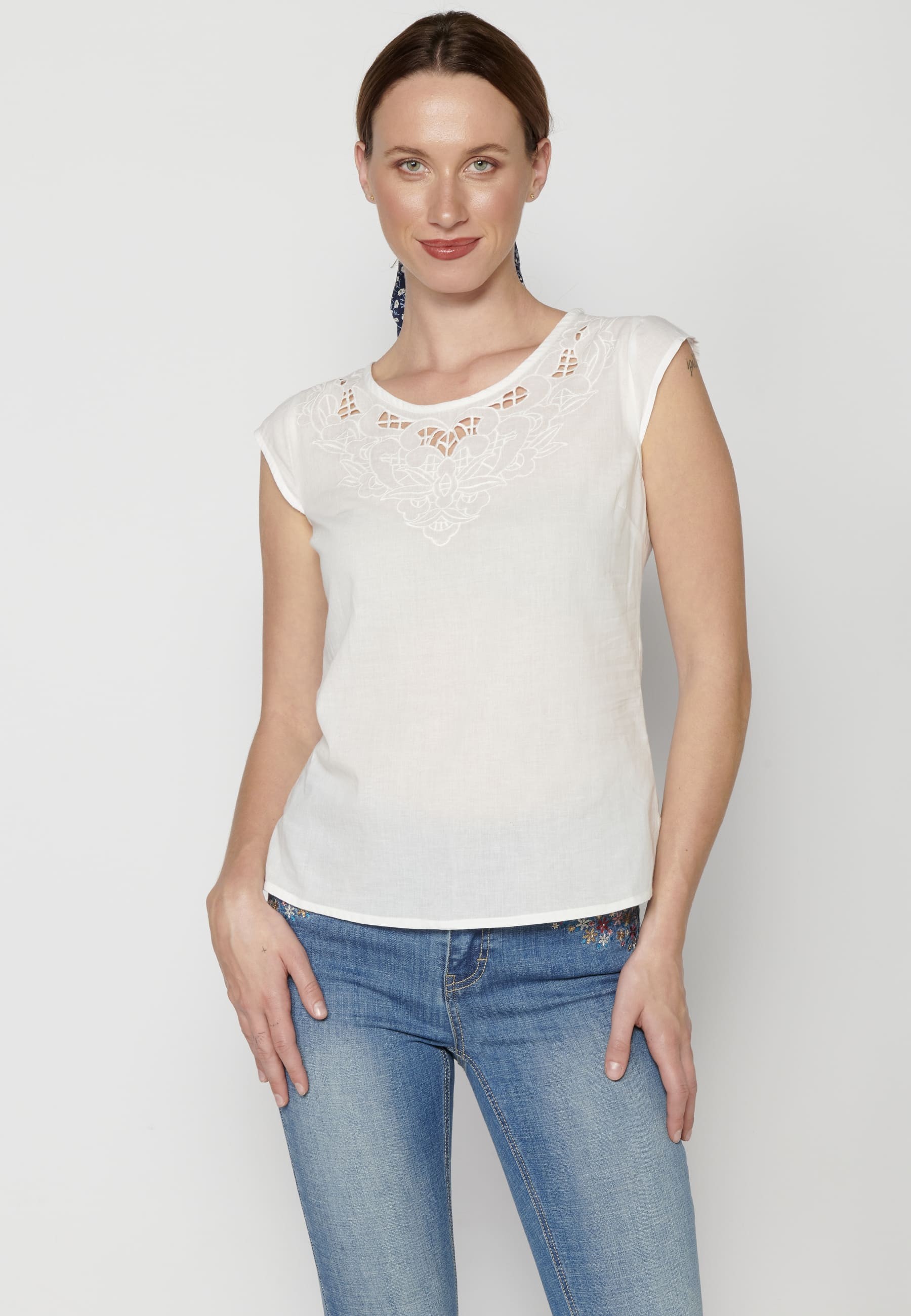 Blusa manga corta de Algodón de color Blanco para Mujer