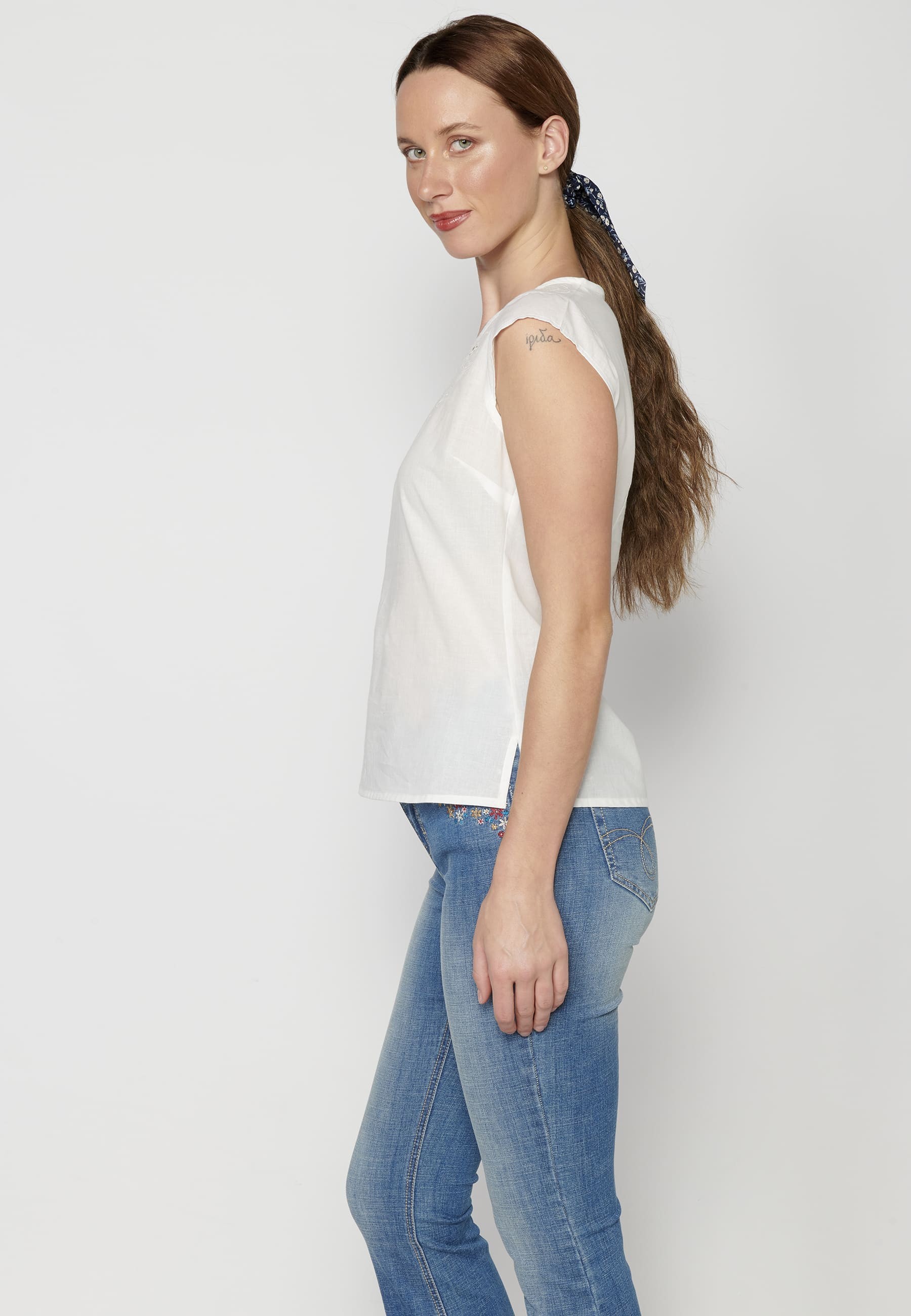 White Cotton Short Sleeve Blouse for Women