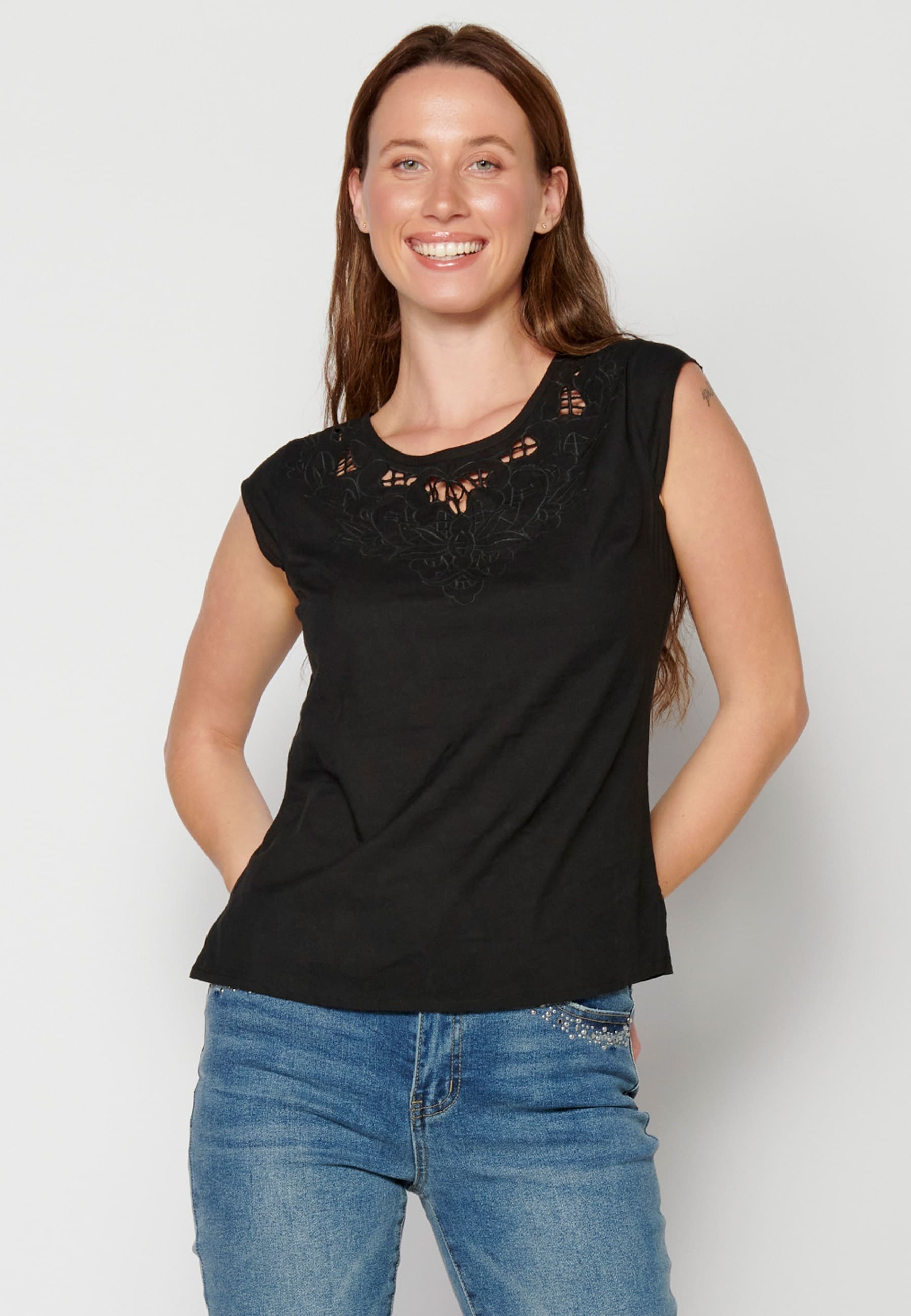 Black Cotton Short Sleeve Blouse for Women