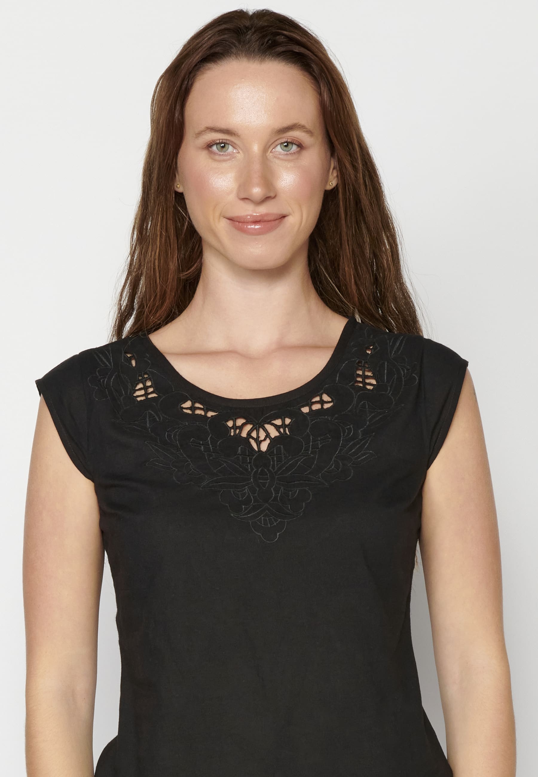 Black Cotton Short Sleeve Blouse for Women