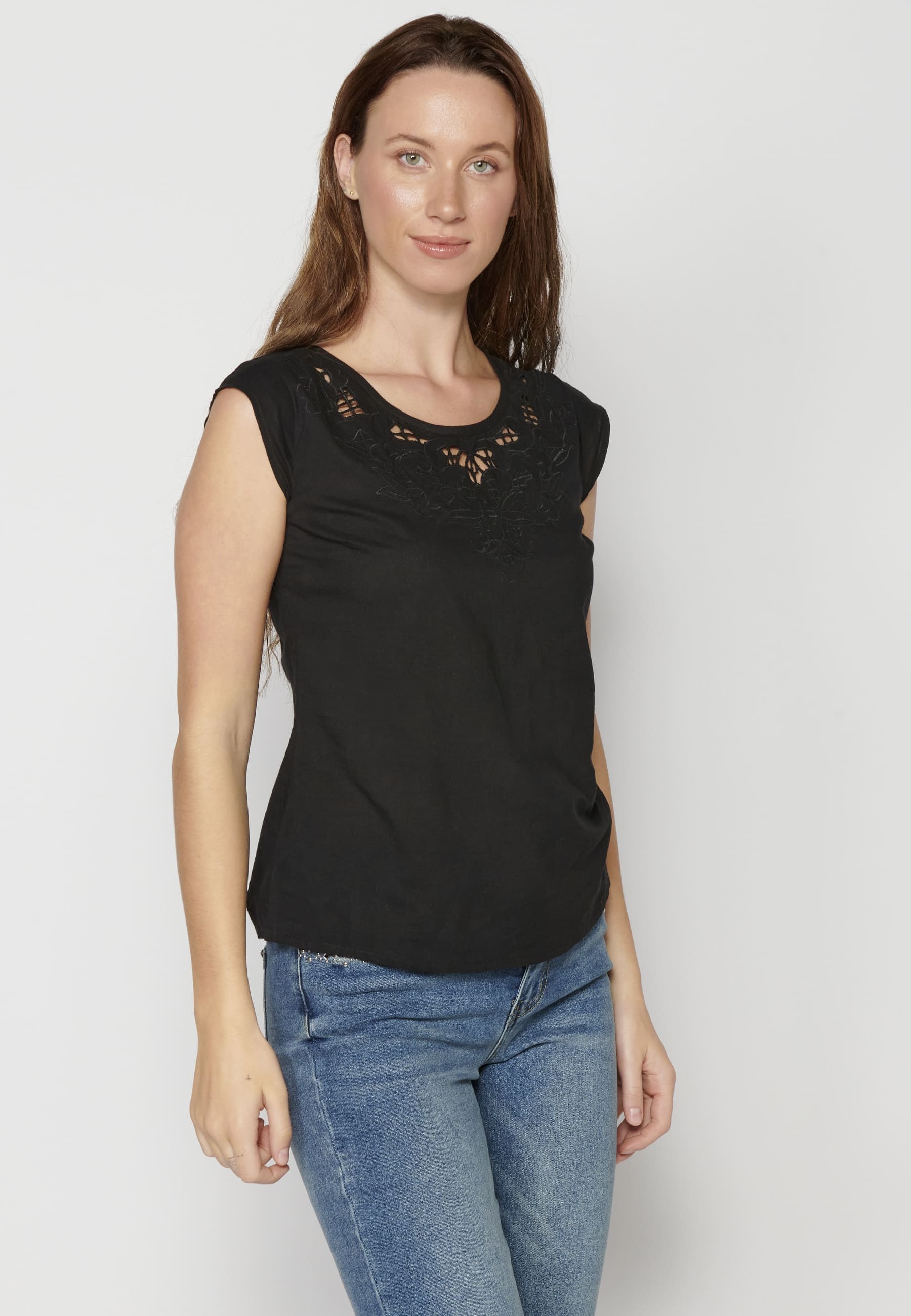 Black Cotton Short Sleeve Blouse for Women