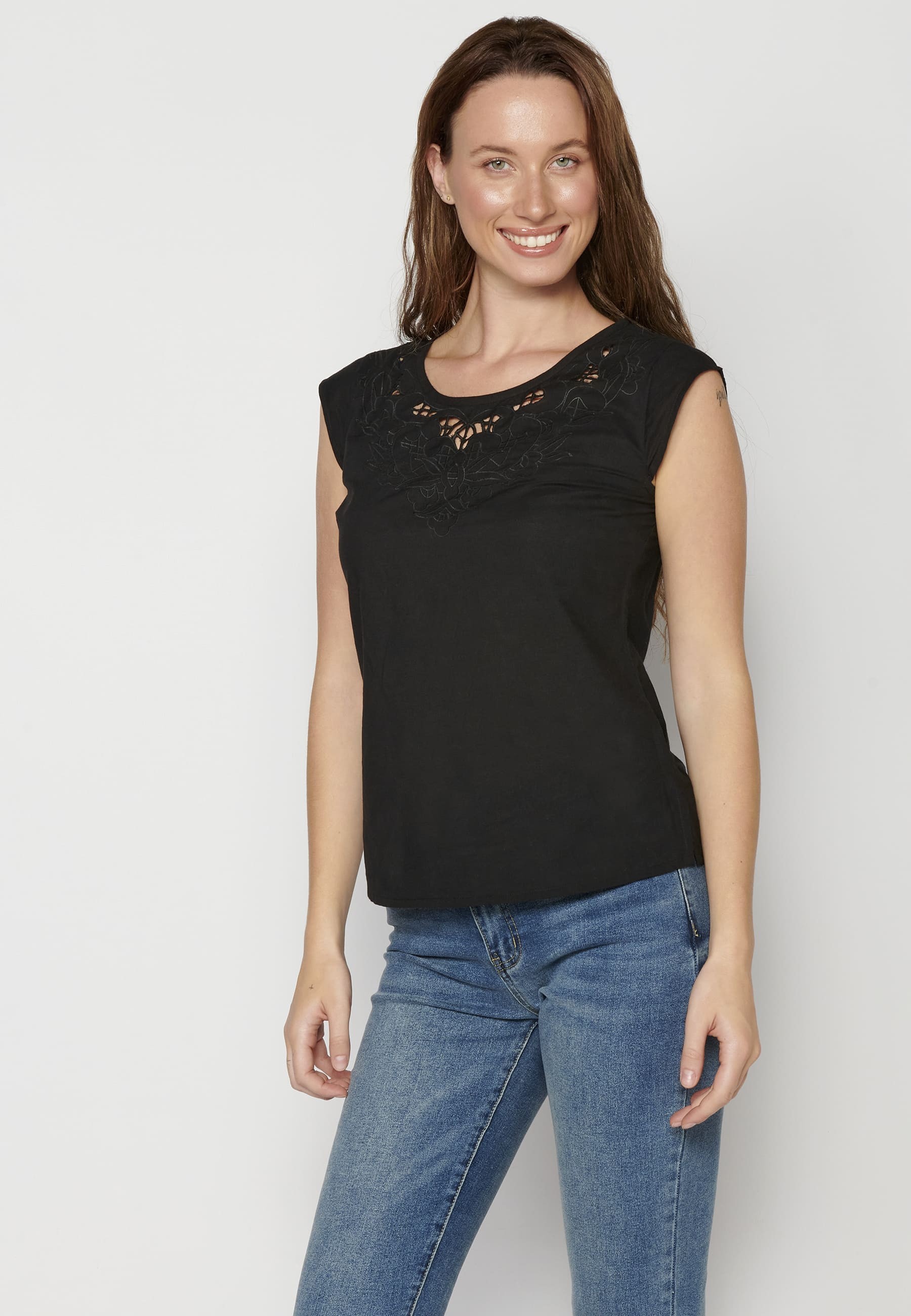 Black Cotton Short Sleeve Blouse for Women