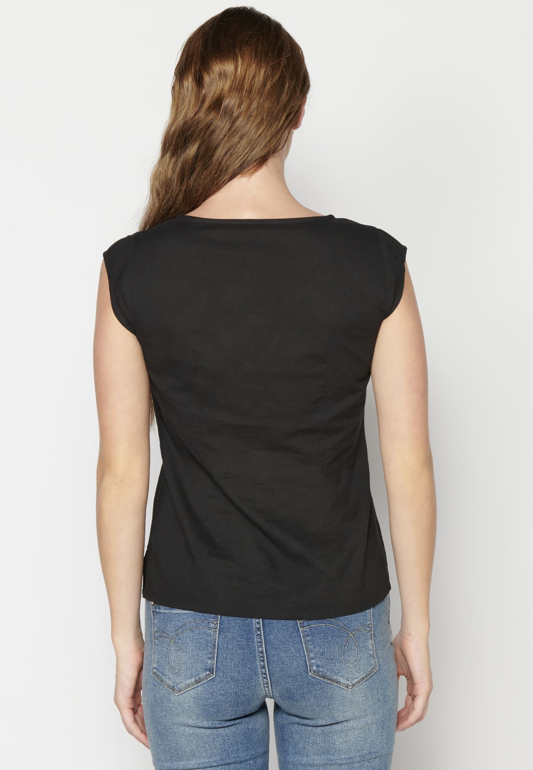Black Cotton Short Sleeve Blouse for Women
