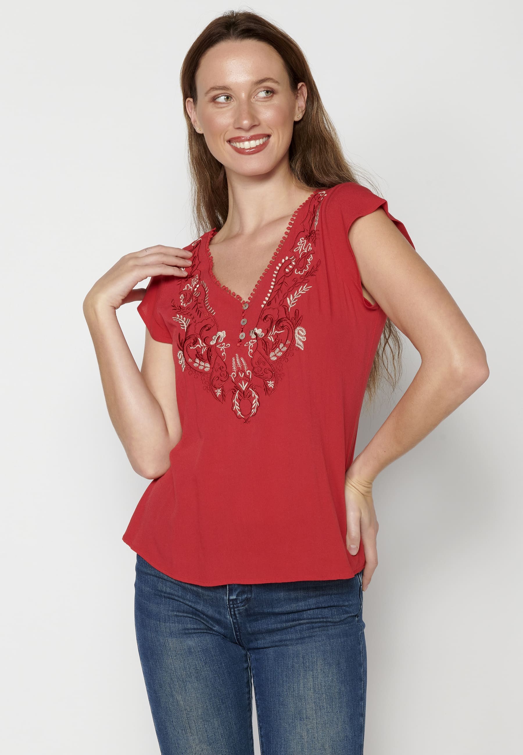 Short-sleeved blouse with floral details in Red Color for Women