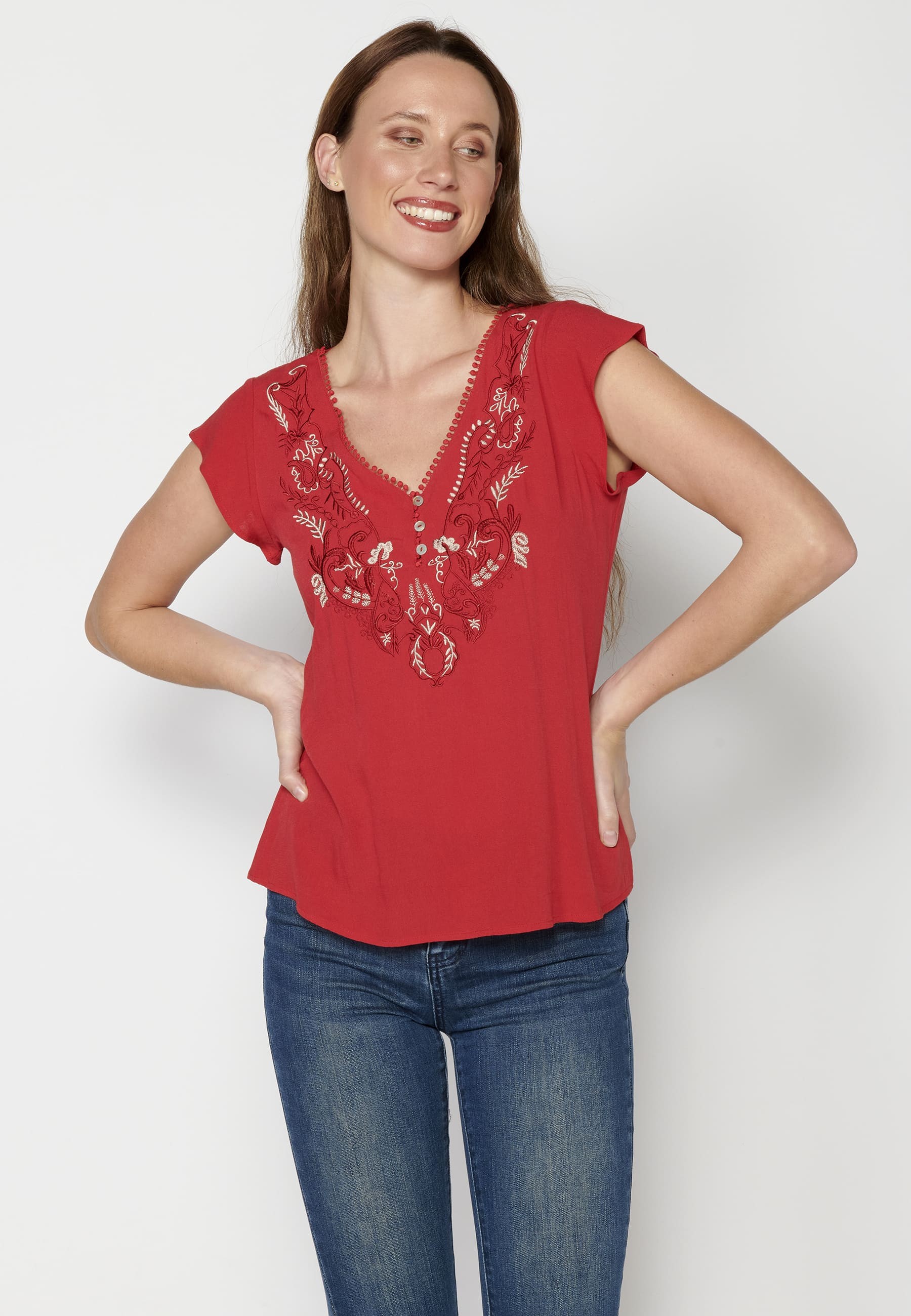Kurzärmlige Bluse mit floralen Details in roter Farbe für Damen