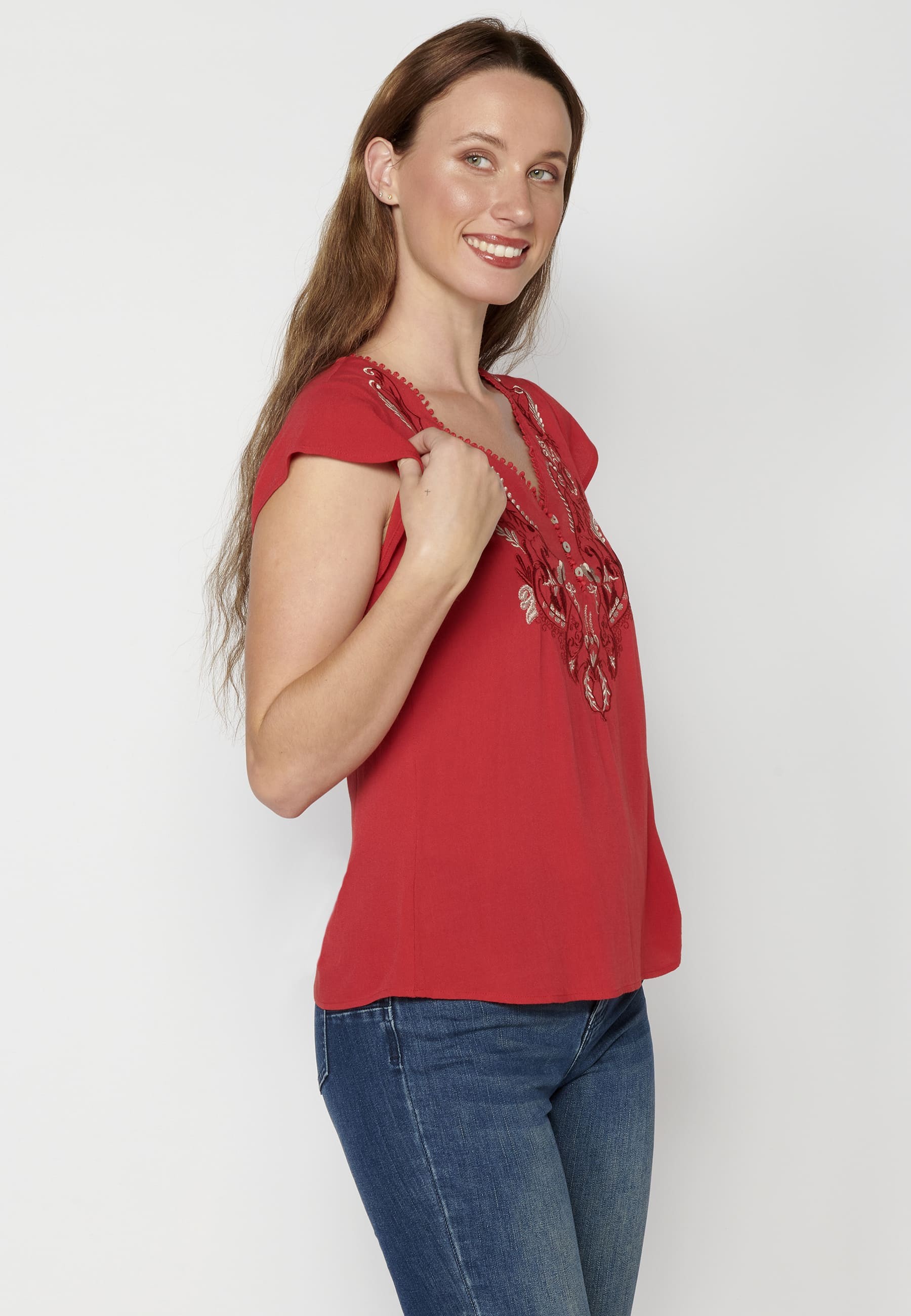 Blusa manga corta con detalles florales de Color Rojo para Mujer