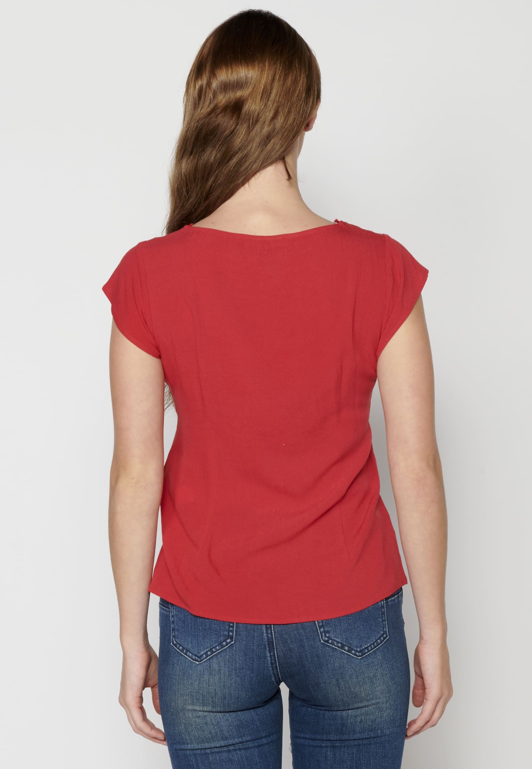 Blusa manga corta con detalles florales de Color Rojo para Mujer