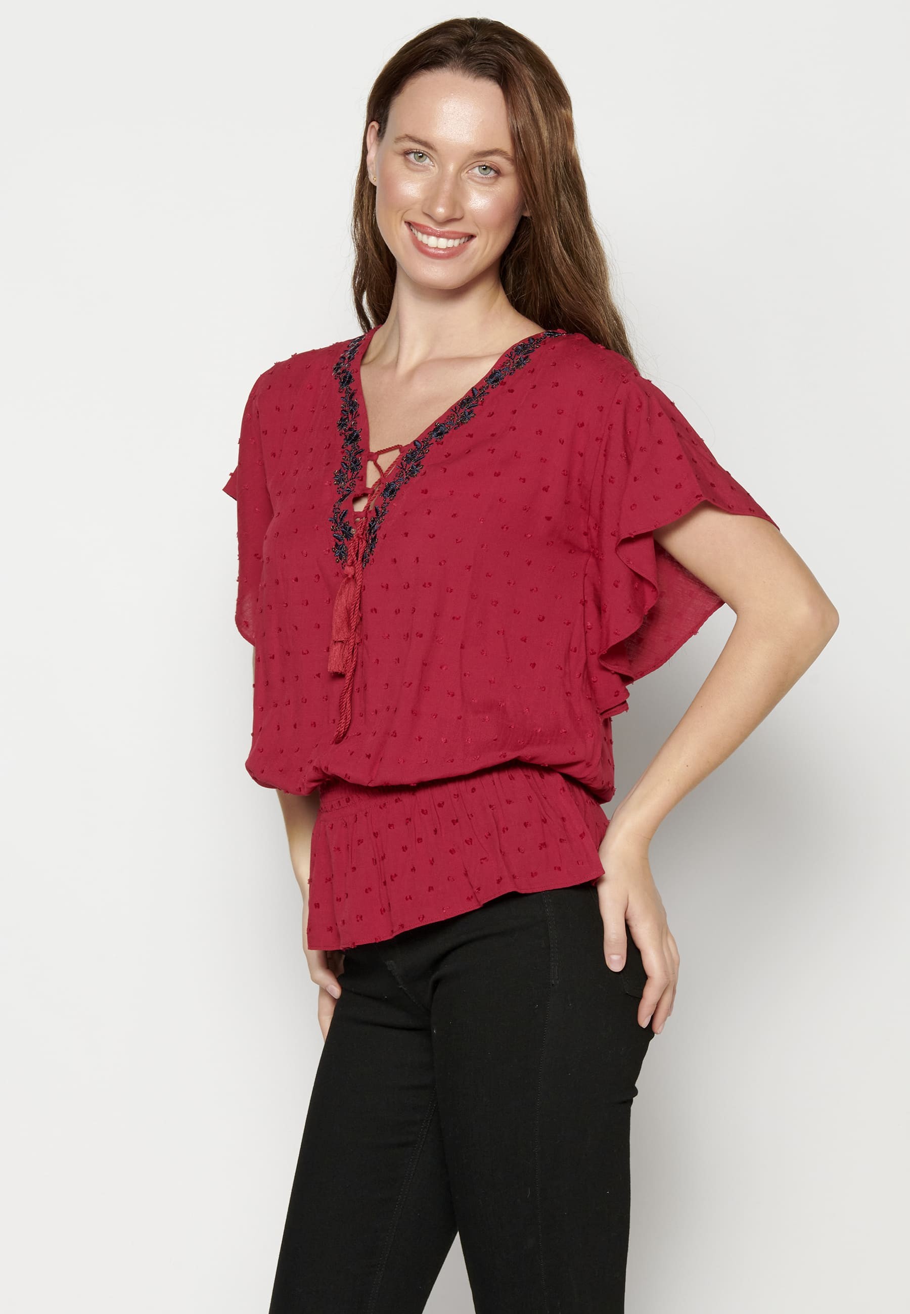 Maroon Fluid Short Sleeve Blouse for Women