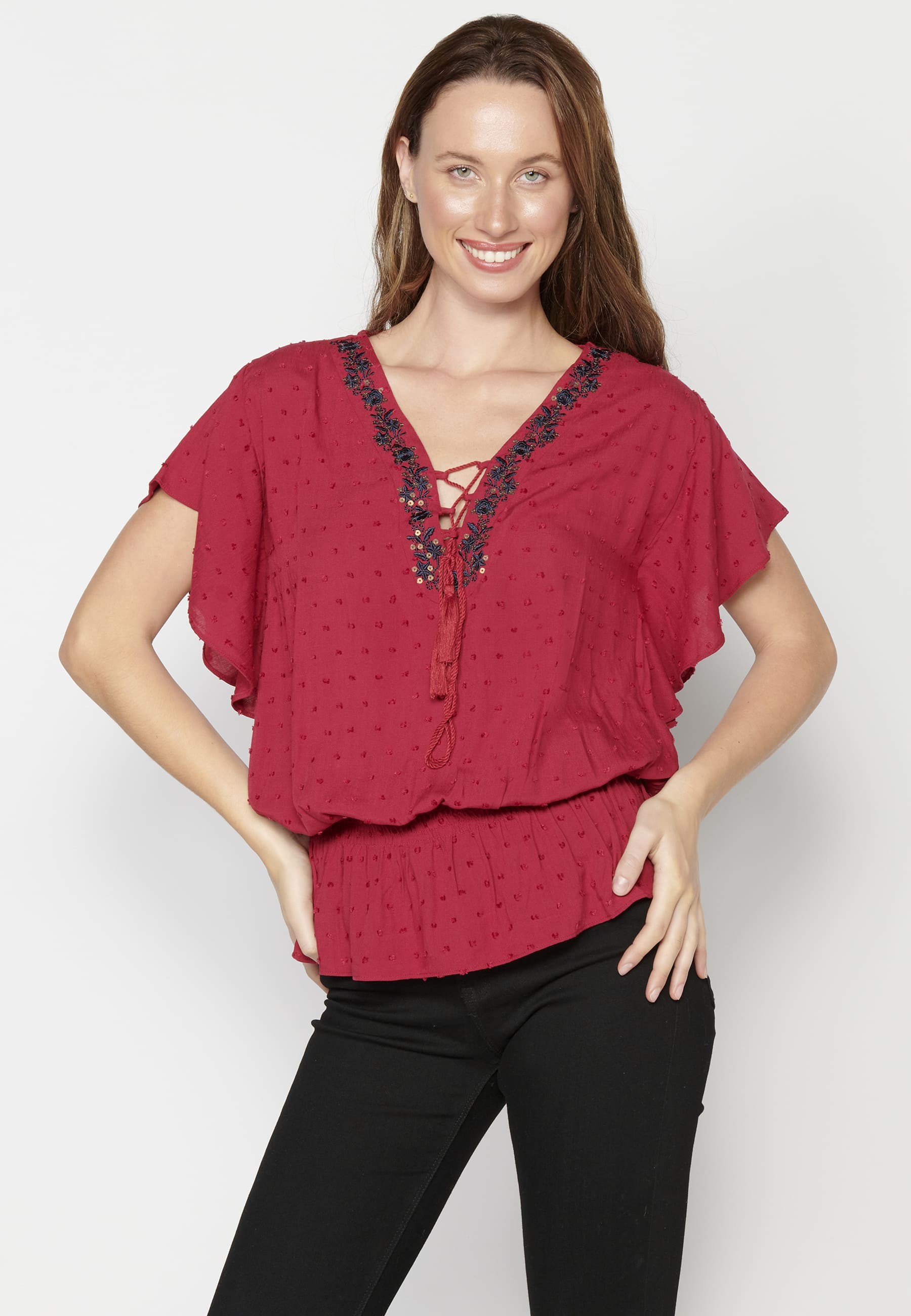 Maroon Fluid Short Sleeve Blouse for Women