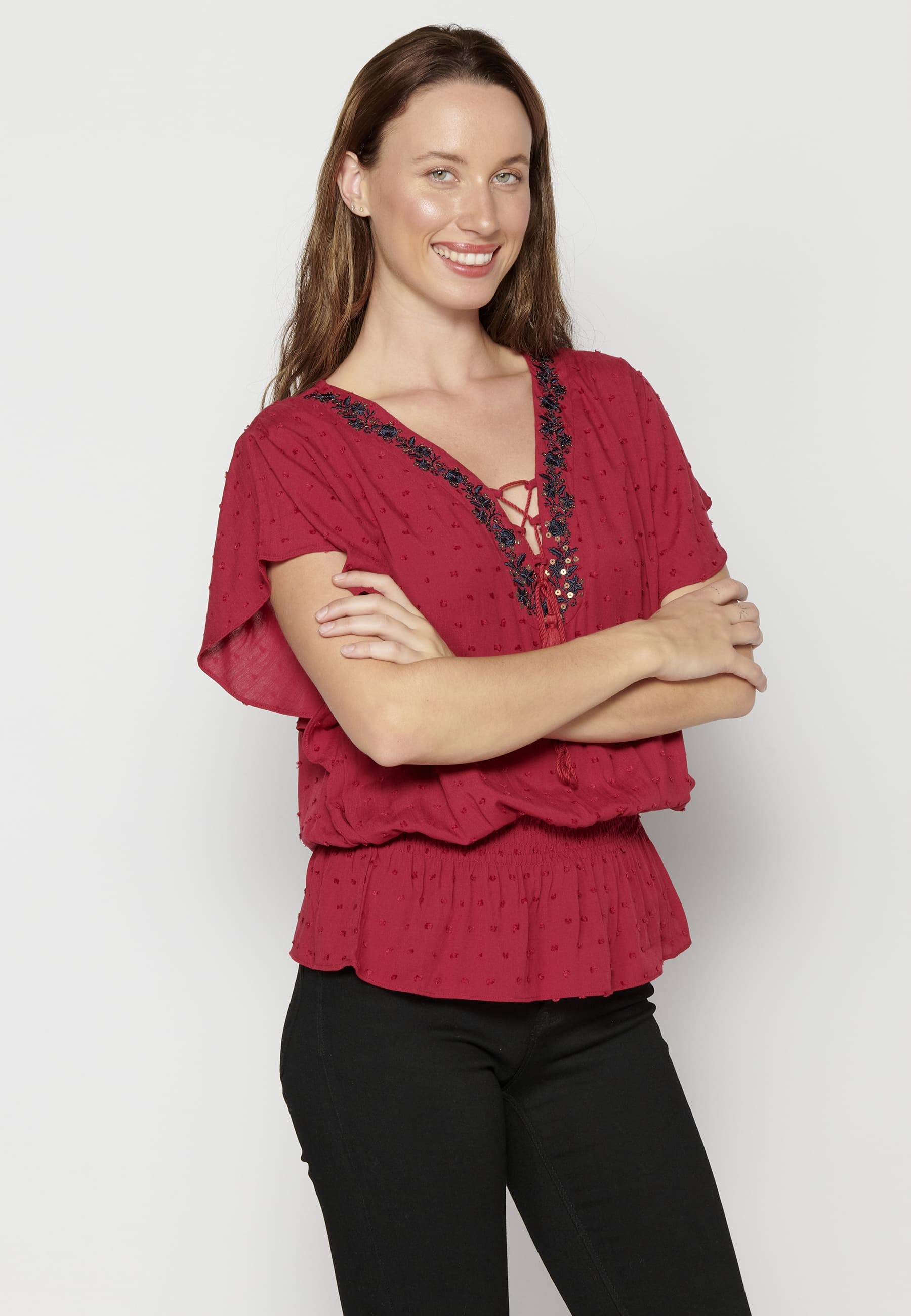 Maroon Fluid Short Sleeve Blouse for Women