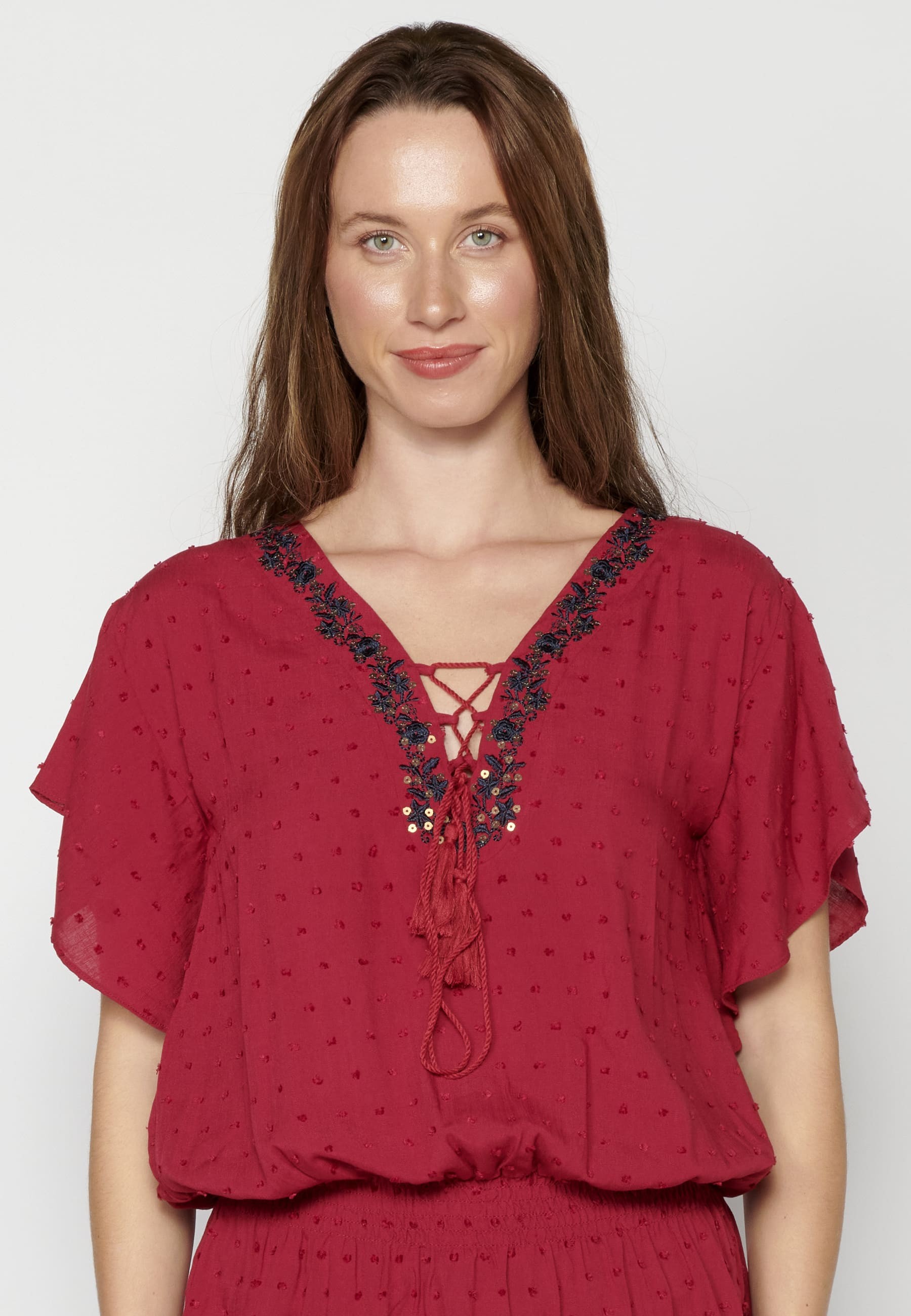 Maroon Fluid Short Sleeve Blouse for Women