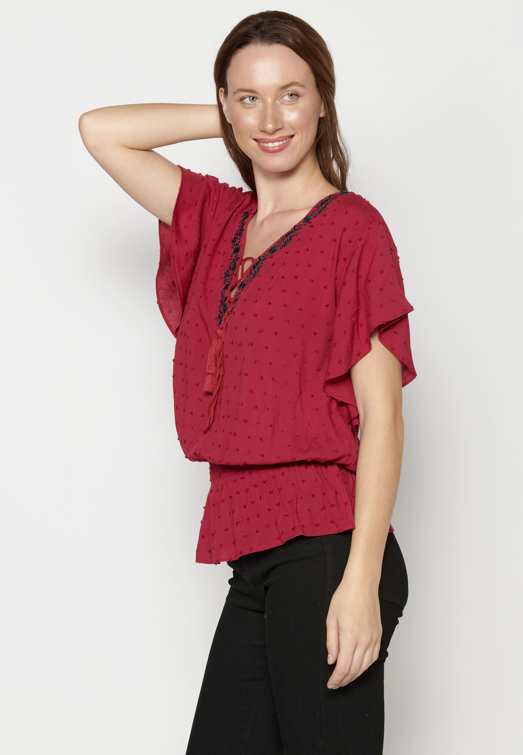 Maroon Fluid Short Sleeve Blouse for Women