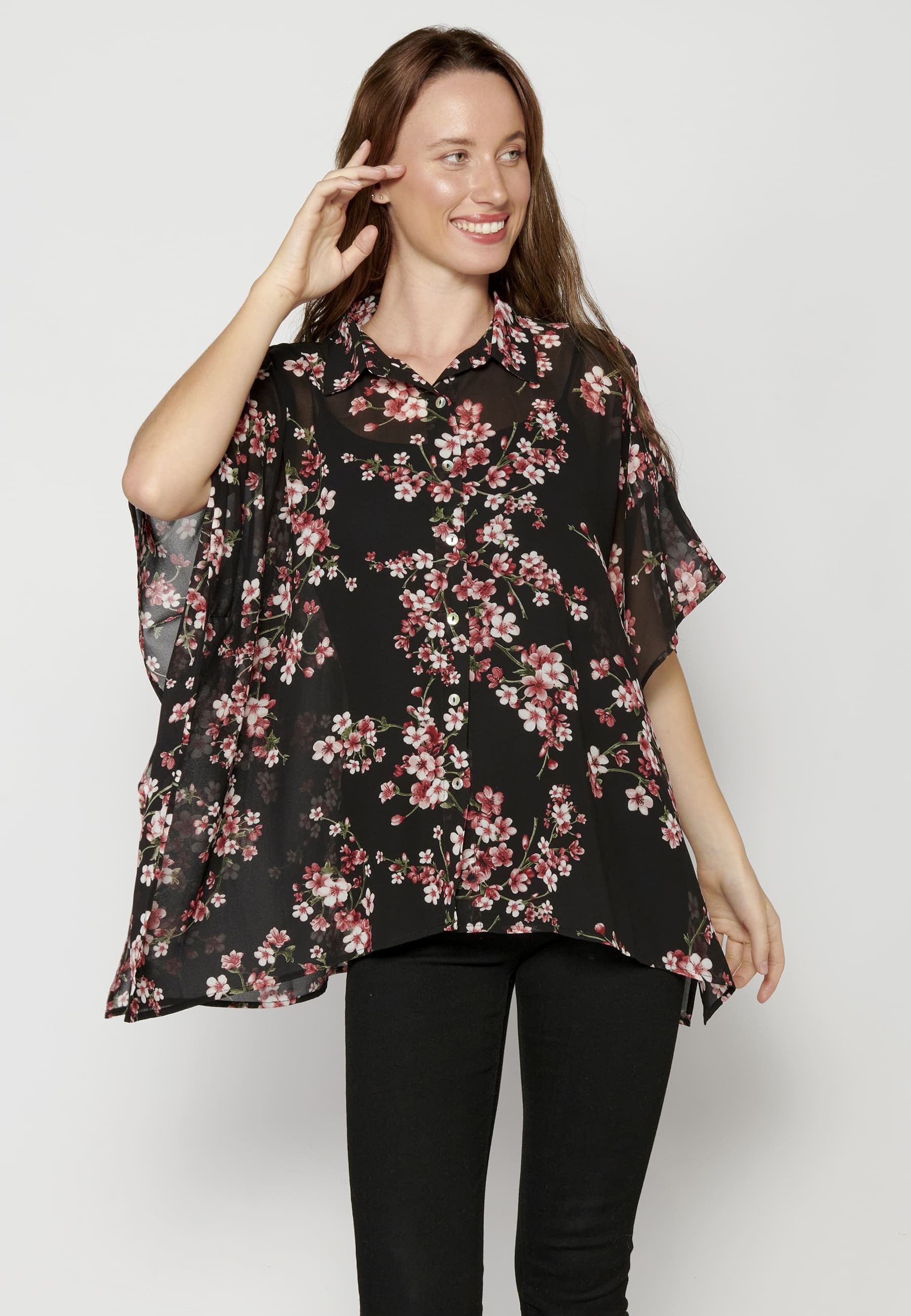 Black Fluid Short Sleeve Blouse for Women