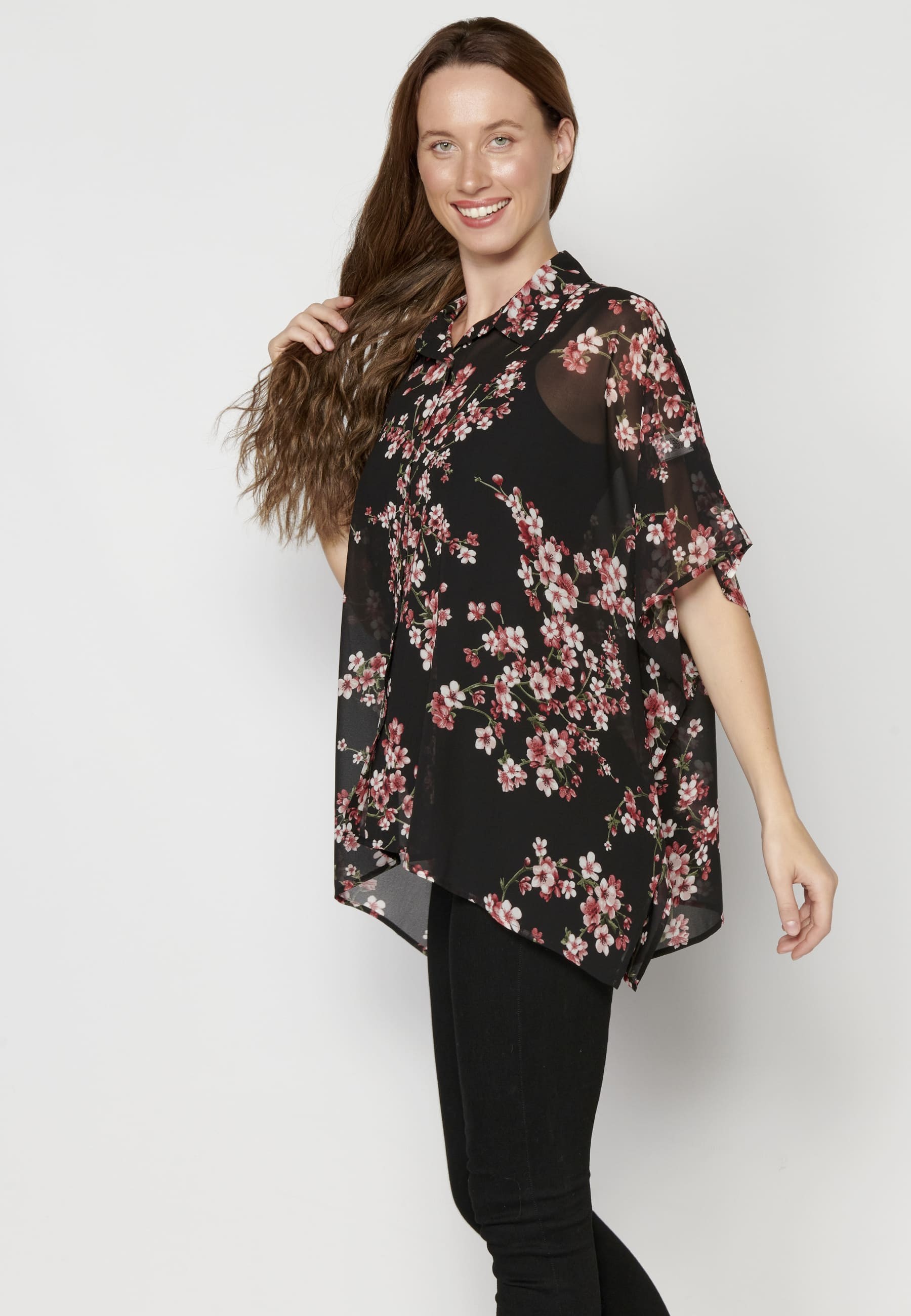 Black Fluid Short Sleeve Blouse for Women