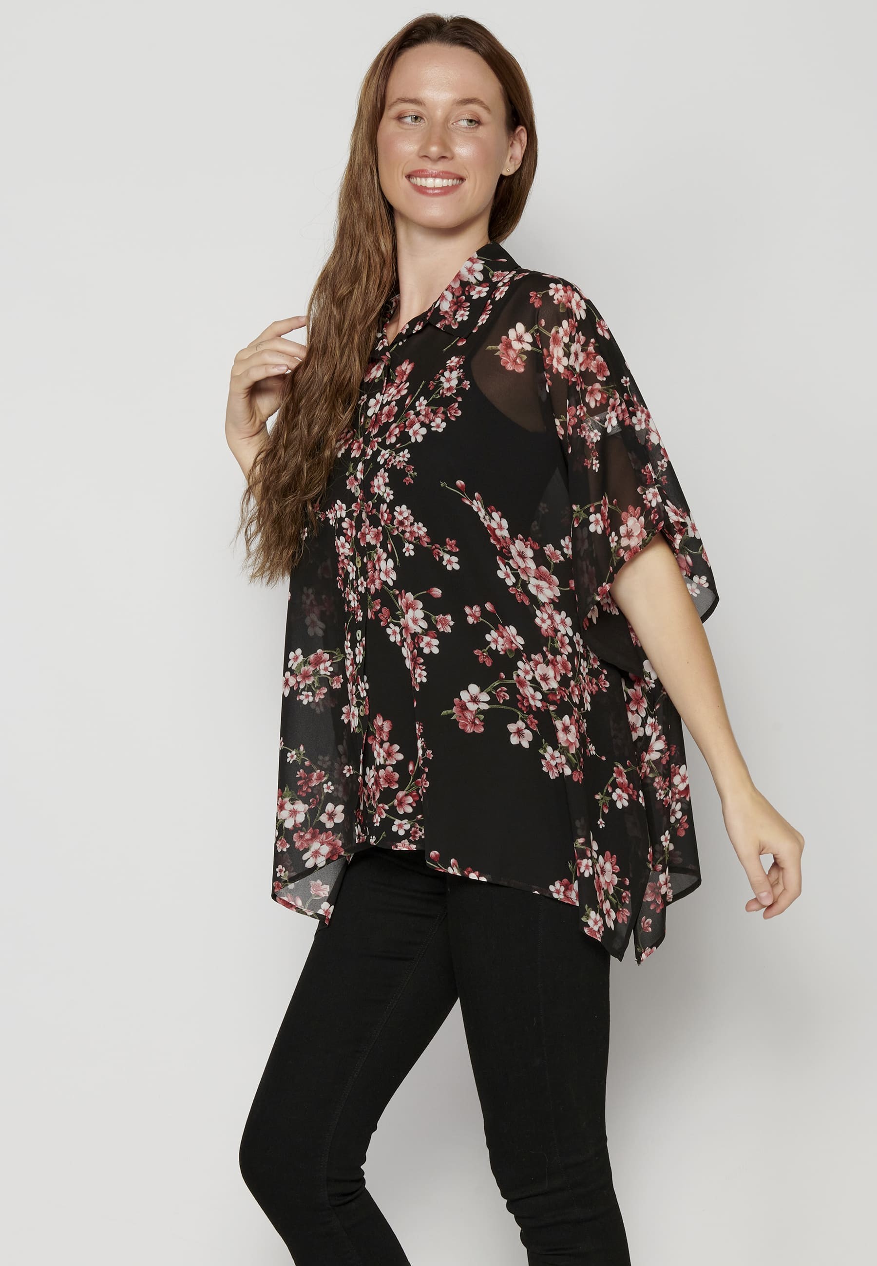 Black Fluid Short Sleeve Blouse for Women