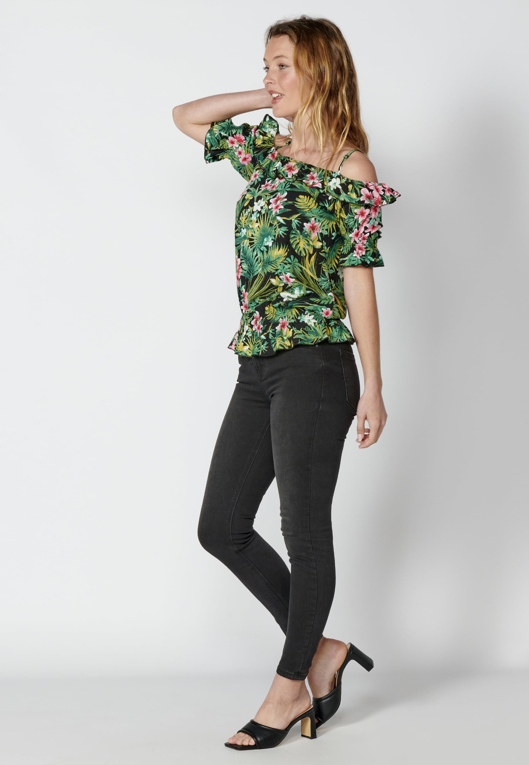 Blusa manga corta fluida con estampado tropical color Multicolor para Mujer
