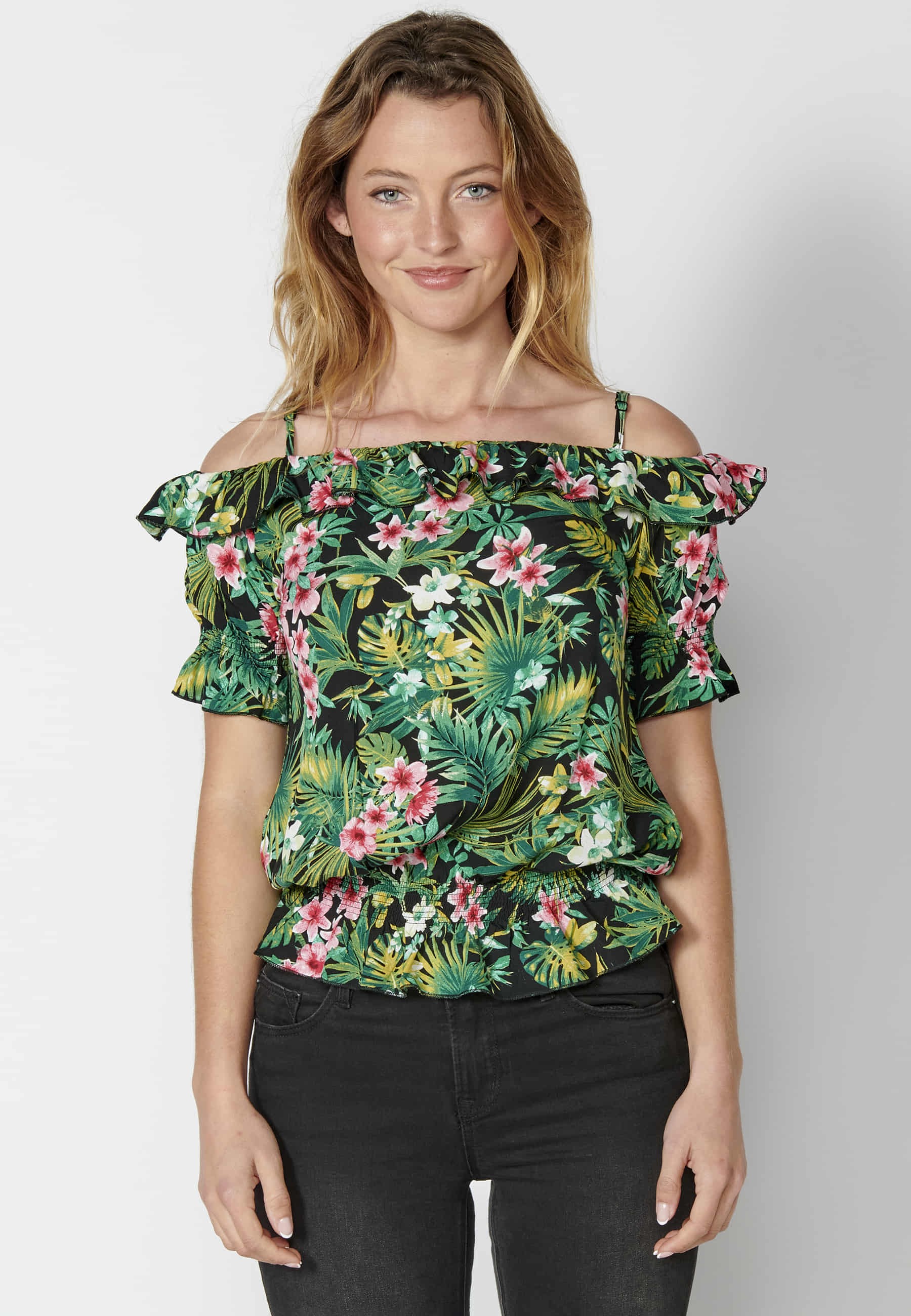 Blusa manga corta fluida con estampado tropical color Multicolor para Mujer