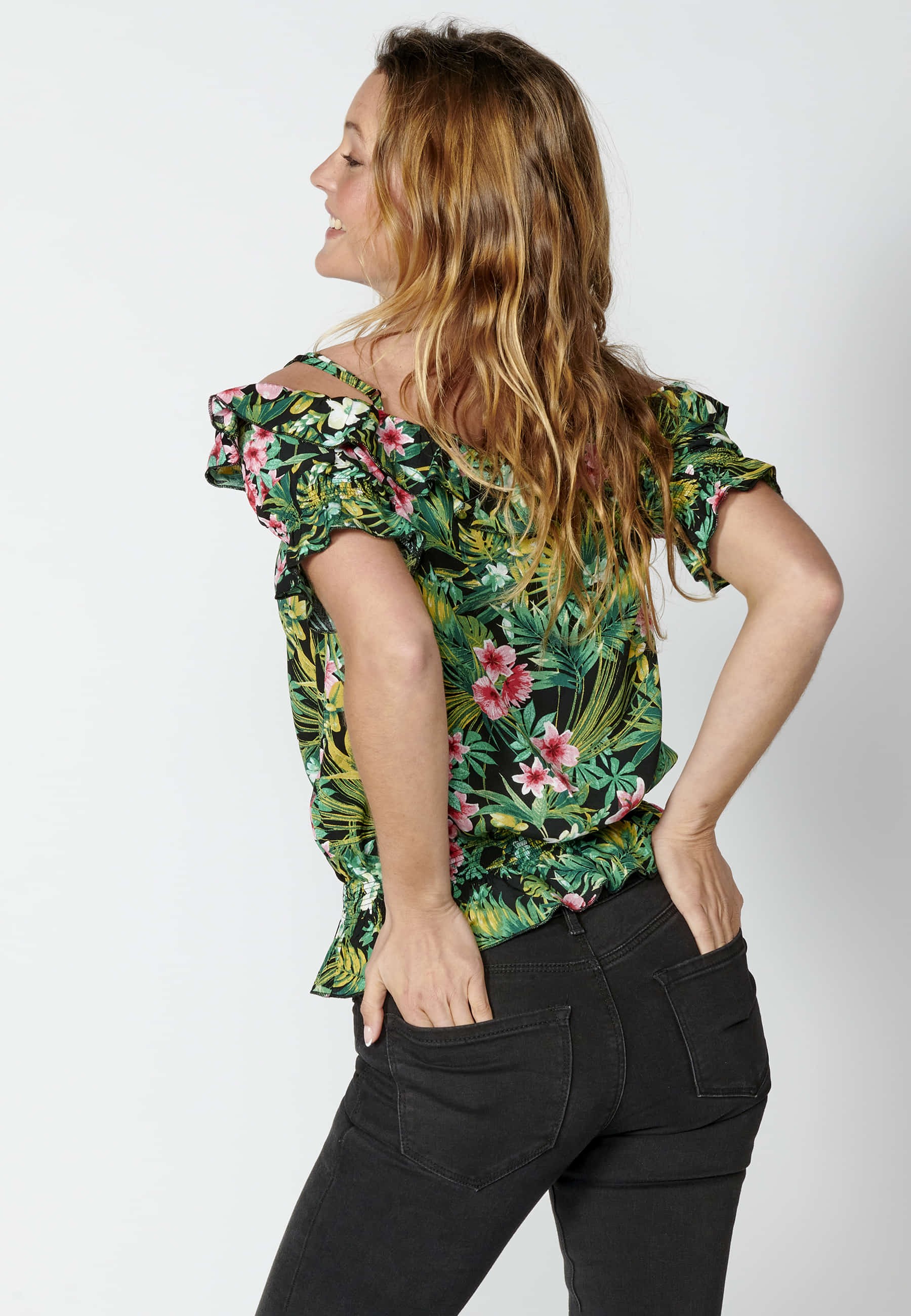 Mehrfarbige Kurzarmbluse mit tropischem Print für Damen