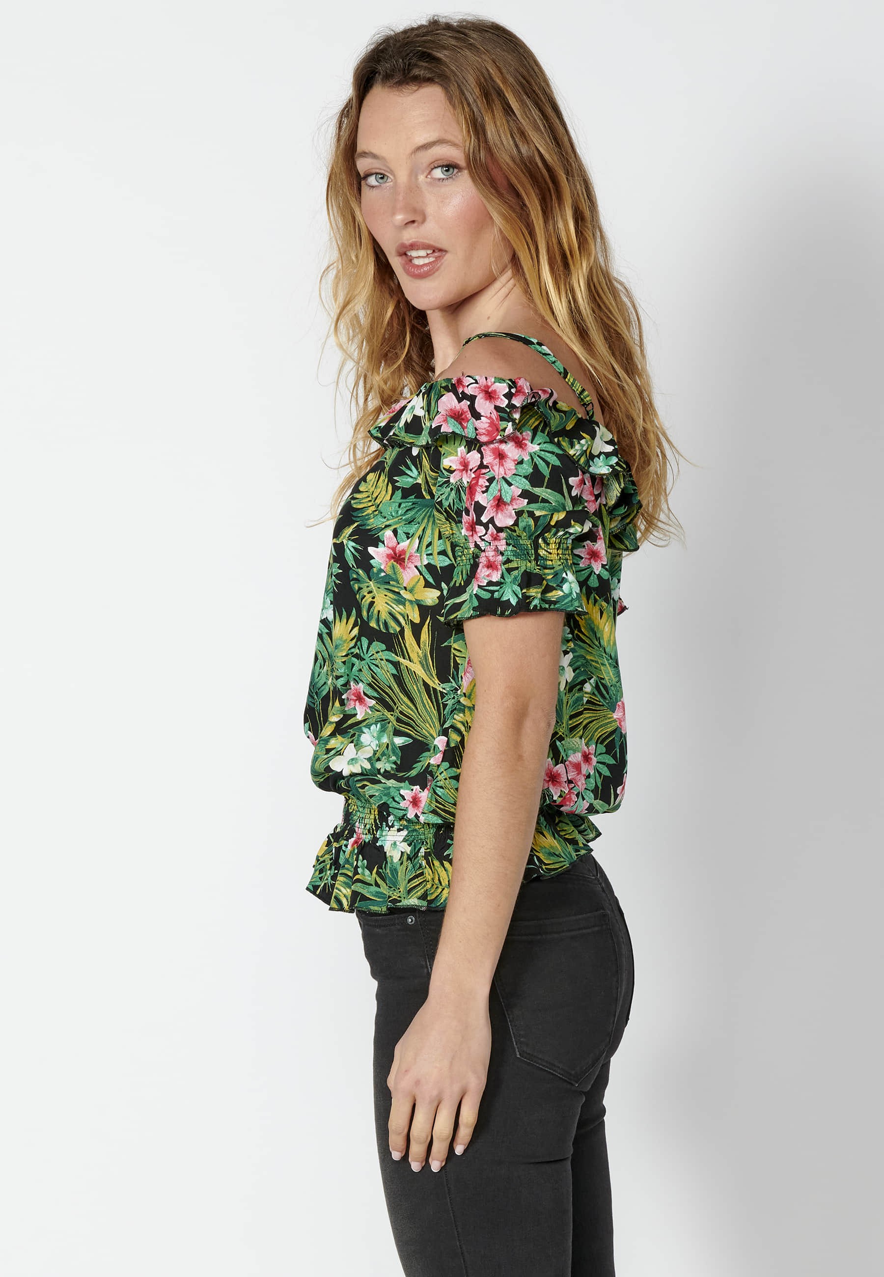 Blusa manga corta fluida con estampado tropical color Multicolor para Mujer