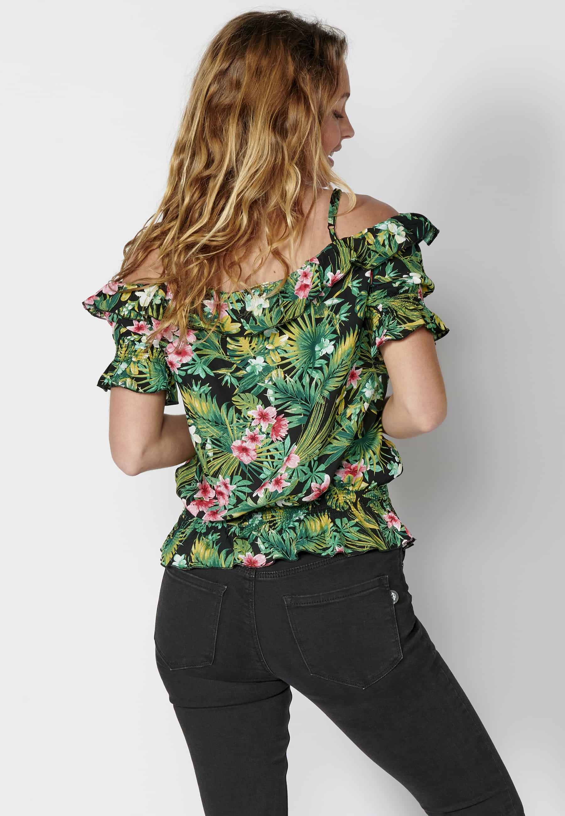 Blouse fluide manches courtes imprimé tropical multicolore pour Femme